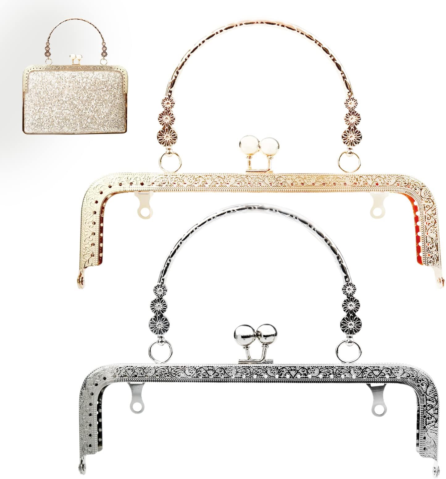 2 PCS Purse Clasp Frame with Handle, Metal Kiss Lock Clasp Frame for Purse Making, Embossed Arch Bag Frame for Handled Bag, Coin Bag, Clutch Bag