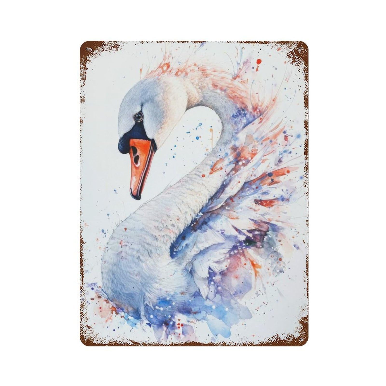 Rustic Tin Plaque with Watercolor Swan with Splashes Design 15.7"x11.8", for Cafe, Home Bar And Lounge Decor, Industrial Home Decor