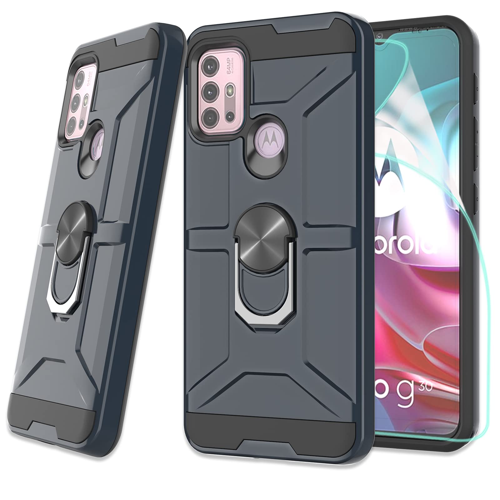 ZingCon Compatible for Motorola Moto G10 Phone Case,G30 Case,[HD Screen Protector] Heavy Duty Shockproof Protective Cover with Rotating Ring Kickstand Fitting Magnetic Car Mount-Navy Blue