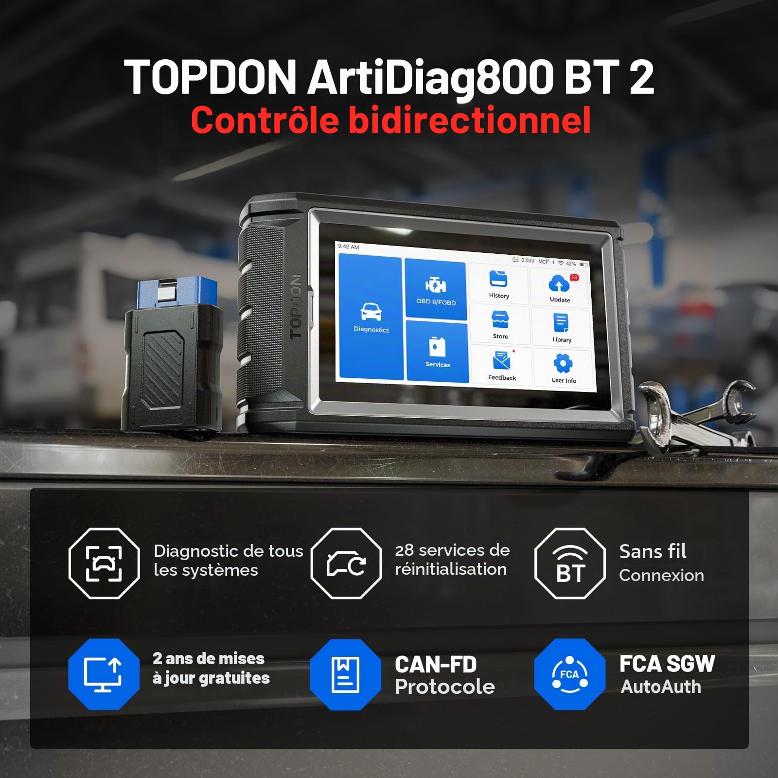 TOPDON Valise Diagnostic Auto AD800BT V2.0 Bluetooth, Valise Diagnostic multimarque bidirectionnel, pour système Complet avec 28 Réinitialisations, Deux Ans de mises à Niveau gratuites,Test d'actif