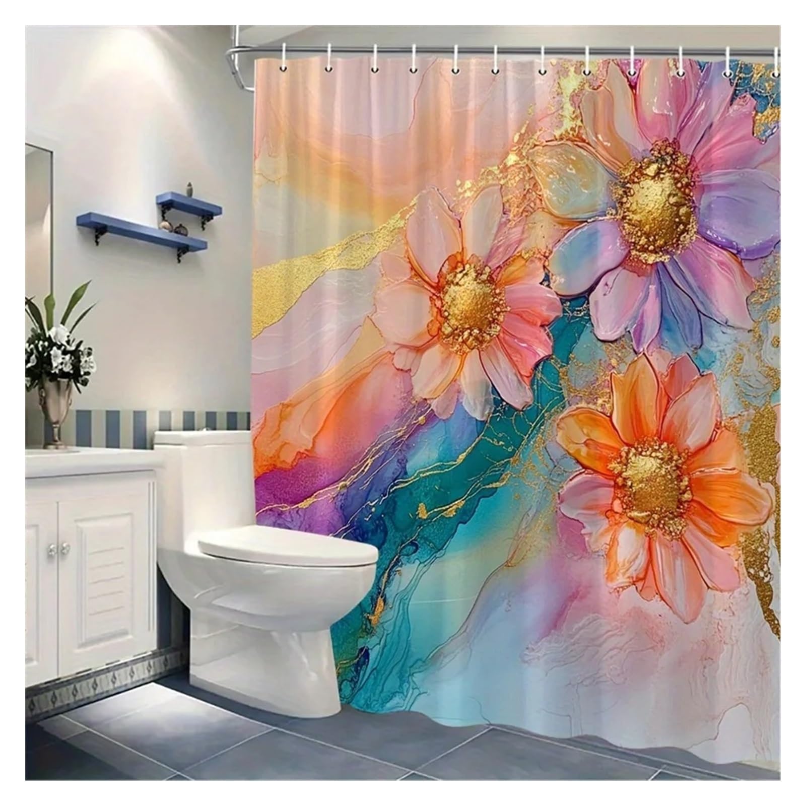 Cortina de Ducha Acuarela Floral Vibrante con Detalles Dorados, Flores Rosas, Naranjas y moradas sobre Fondo Pastel Suave (1 Unidad)