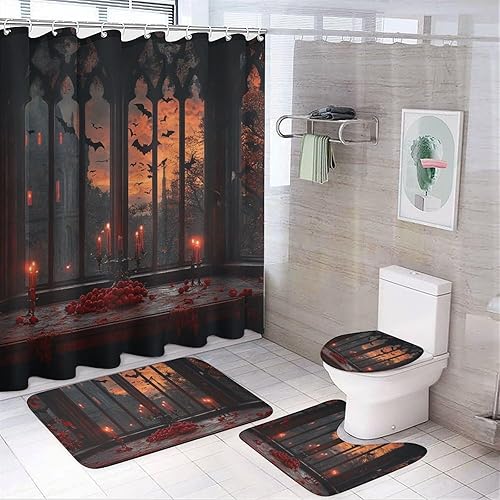 Juego de 4 cortinas de ducha con velas de murciélago de Halloween, 4 cortinas de ducha de fantasía gótica oscura para baño con alfombras, cubierta