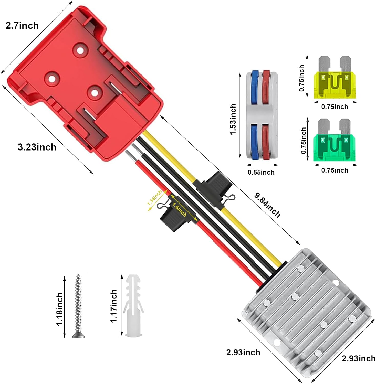 DC Power Adapter, Dual Fuse 18V to 12V Step Down Voltage Converter, Buck Converter Regulator with Low Voltage Protection Fuse & Wire Terminal for Golf Cart Led Strip Light (for Milwaukee)