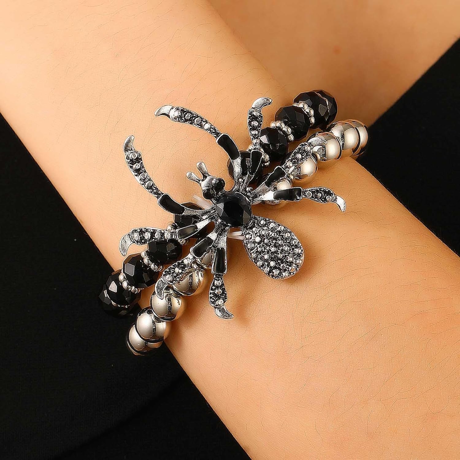 Gothic Rhinestone Spider Bracelet Layered Round Ball Beaded Bracelet Black Crystal CZ Spider Elastic Stretch Bracelets Scary Halloween Wrist Jewelry for Women - Image 2