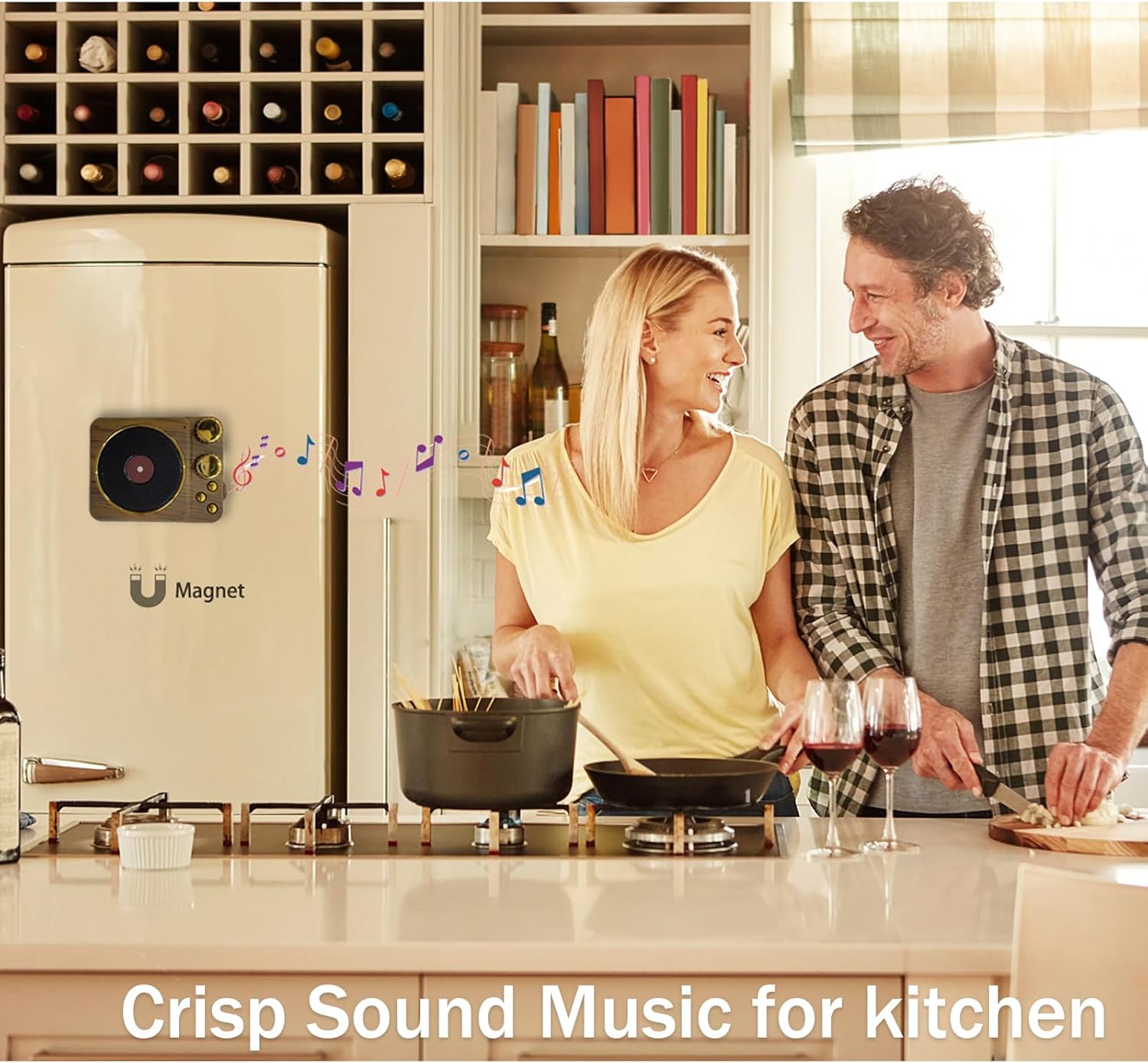 BGJOY Mini Retro Music Speaker magnetically attached to a refrigerator