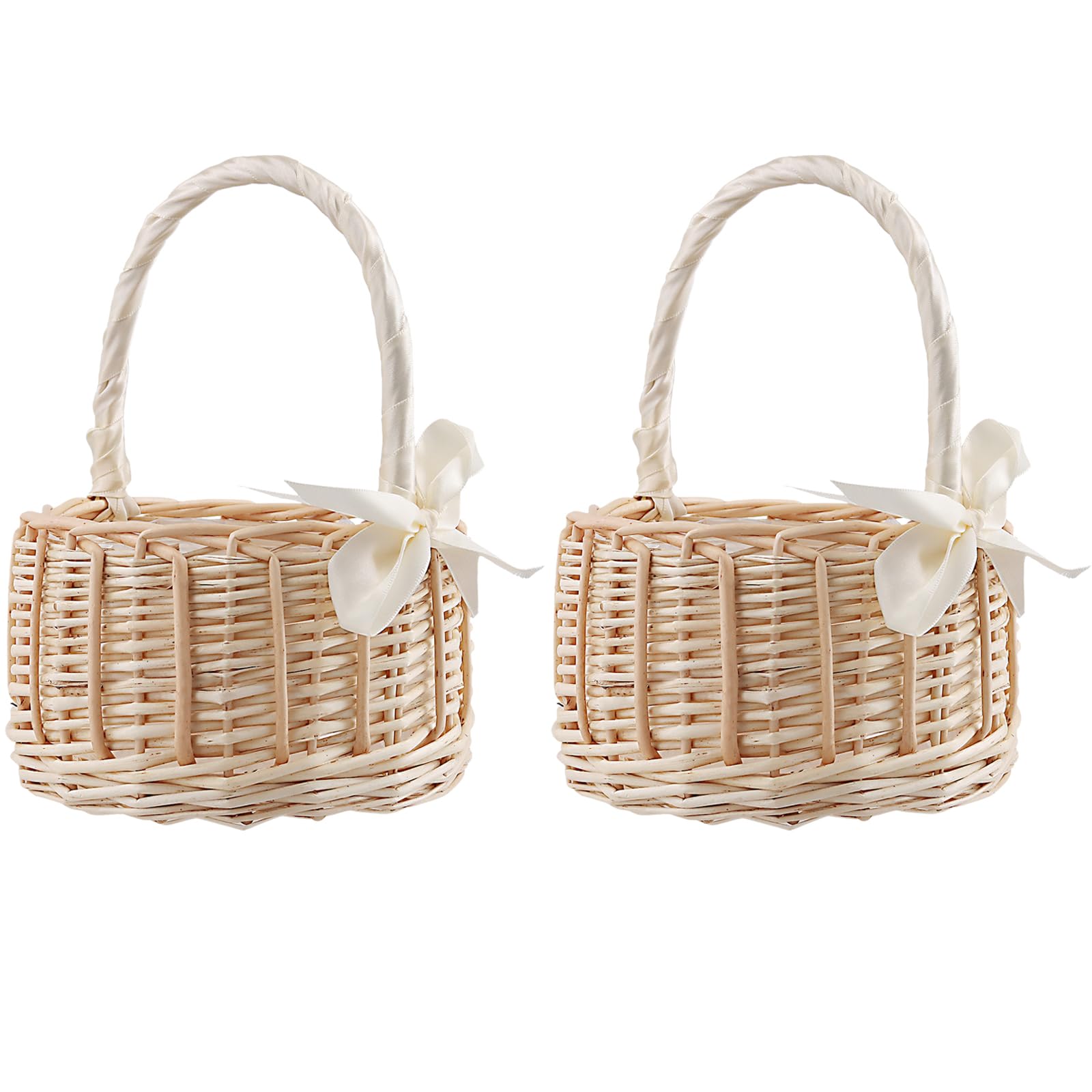 FUNSUEI 2 Stück Blumenkorb Hochzeit mit Schleife, 15 x 19 cm Blumenkörbe Blumenmädchen Korb, Klein Rattan Geflochtener Blumenkorb mit Henkel für Deko, Hochzeit
