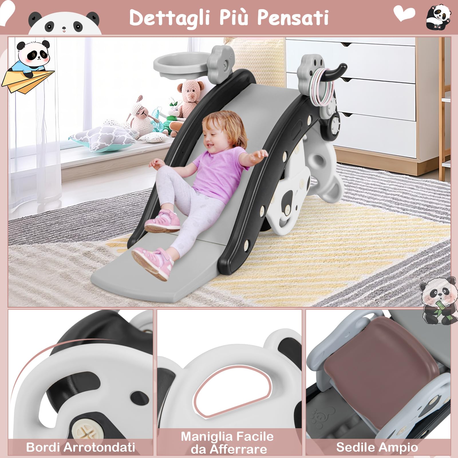 RELAX4LIFE 5 in 1 Set Cavallo a Dondolo con Scivolo e Canestro da Basket e Palla e Lancia di Anelli, Struttura Stabile con carico di 60 kg, 105 x 72 x 57 cm (Modello 4 NERO)