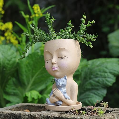 Miniatura 5 de Macetas faciales con cabeza de resina, macetas para suculentas para plantas de interior y exterior con orificio de drenaje, linda dama con ojos