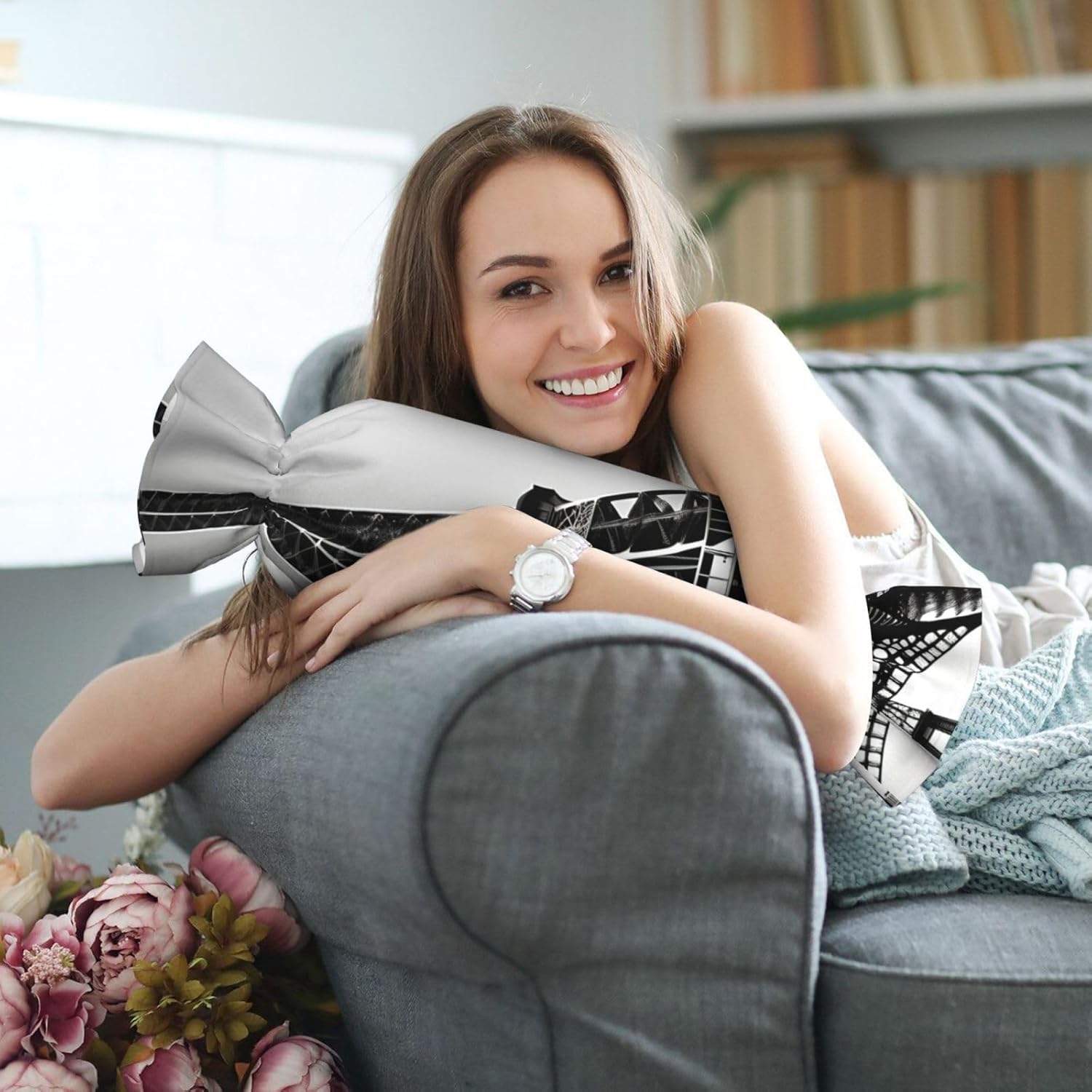 Black Paris Eiffel Tower Print Candy Cylindrical Comfortable Pillow Throw Pillows Home Decor Easy Maintenance