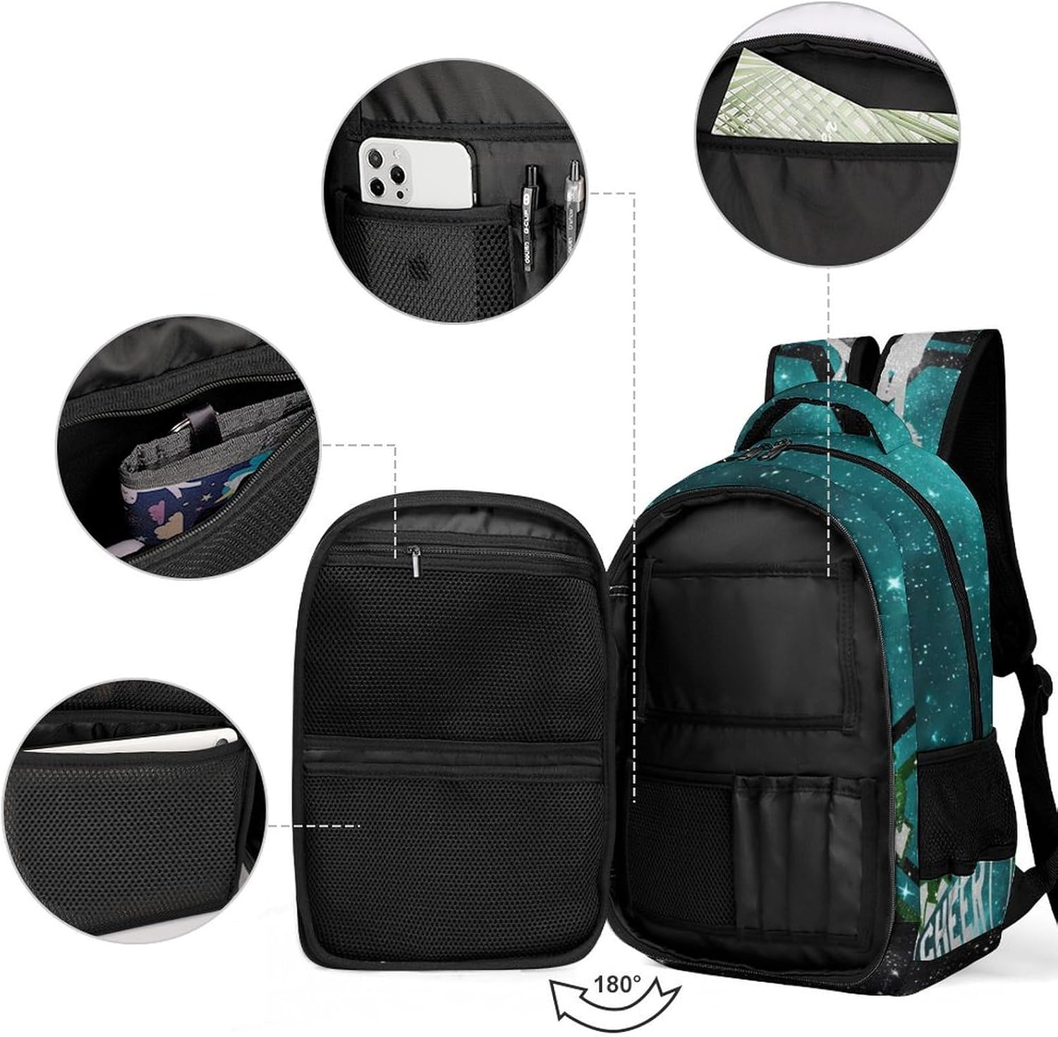 Cheer Cheerleader Backpack Cheerleading BookBag Custom with Padded Bag Name Cheer Team Spirit Gym Bag for Girls Teens, Water-Resistant School Backpack(Teal Black Print)