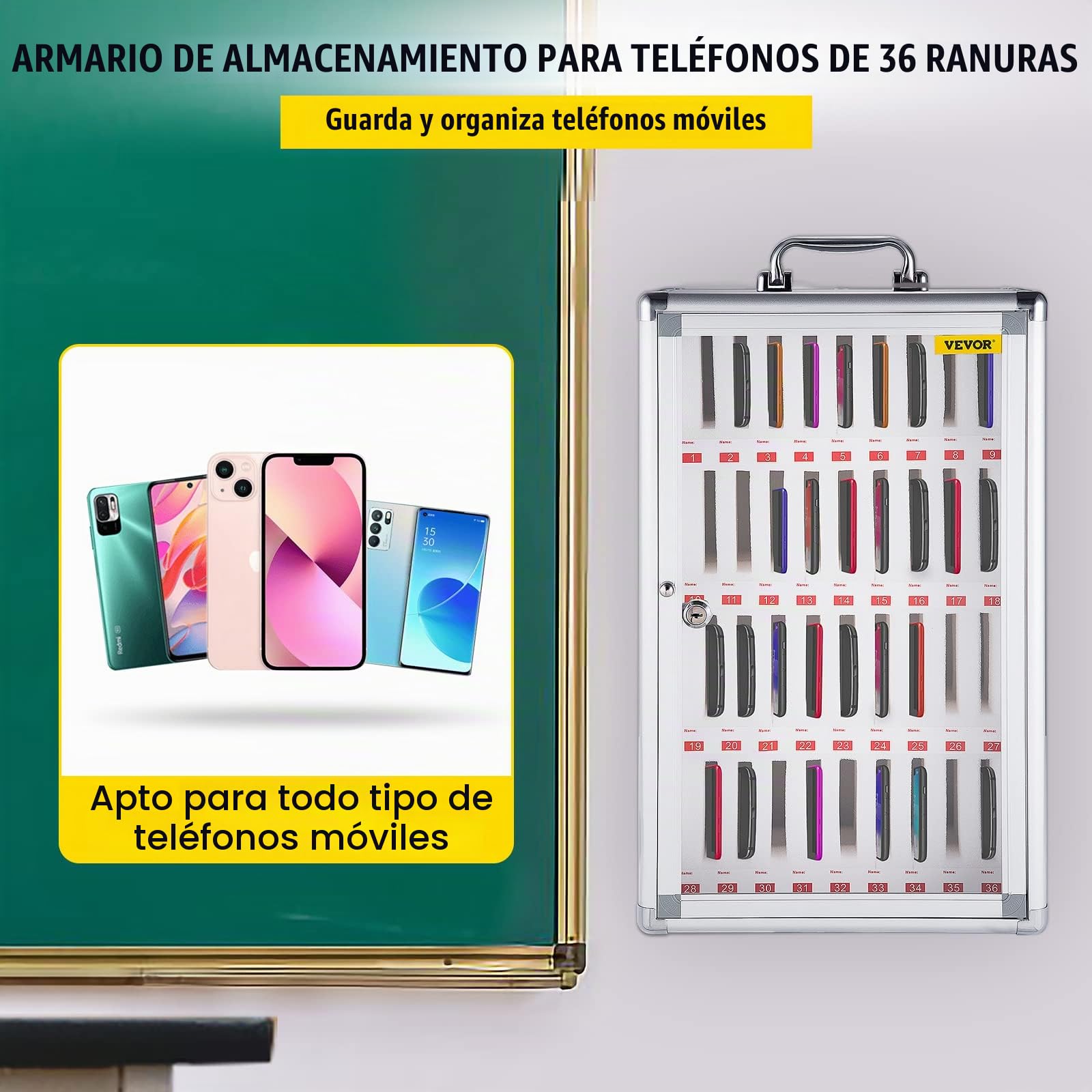 VEVOR Caja de Casillero de Almacenamiento de Teléfonos 32x20x51 cm Caja de Administración de Celular Cojinete de Carga 20 kg Caja de Almacenamiento de Teléfonos con 36 Ranuras y 2 Llaves para Clases