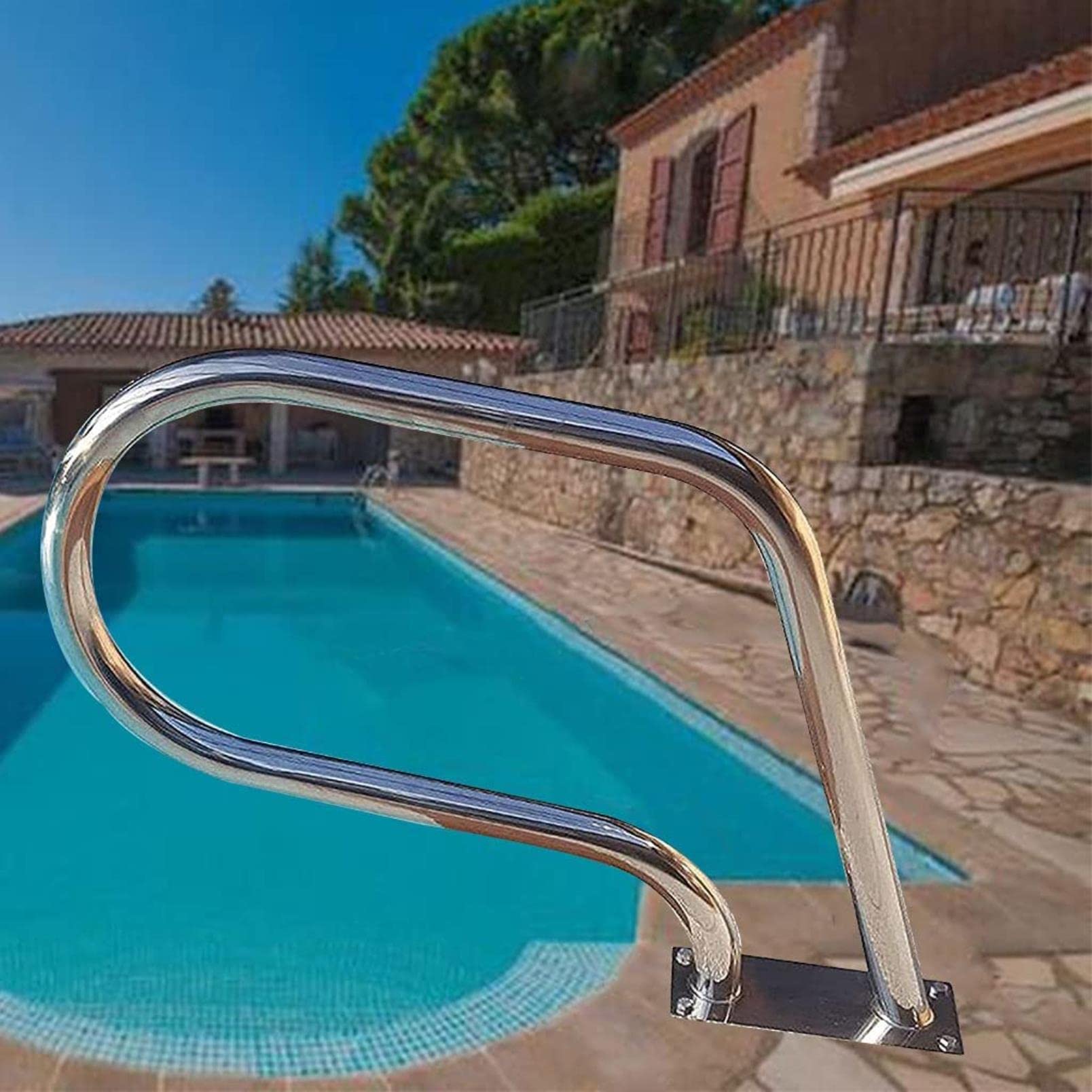 Pool Hand Rail Easy Mount Handrail with Base Plate, 304 Stainless Steel Swimming Pool Stair Rail Swimming Pool Hand Rail,Silver