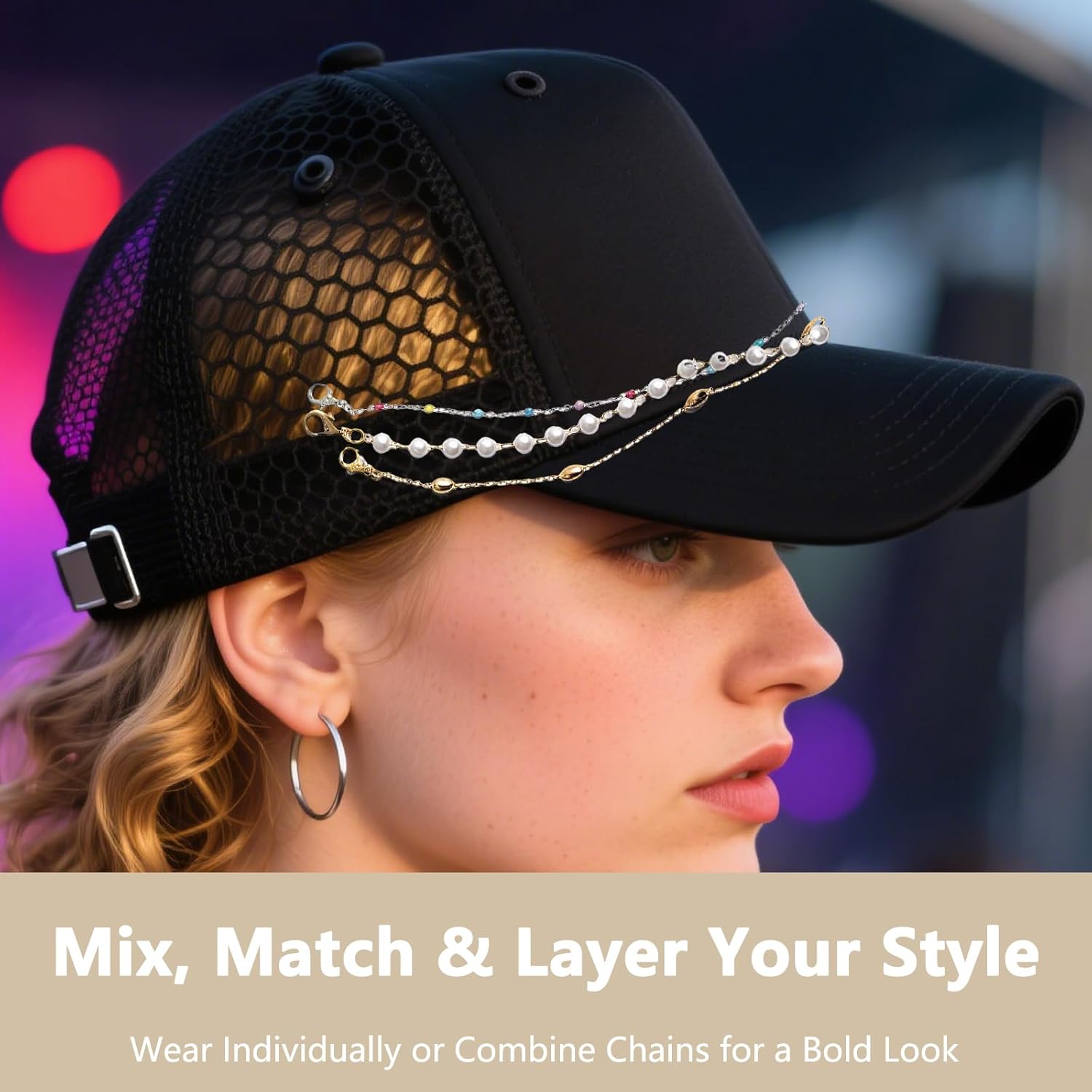 5Pcs Trucker Hat Chains and Charms for Women Bulk Pearl and Gold Daisy Chain Accessories Decorative Trucker Hats Mesh Baseball Cap Charms Bill Decorations DIY Chains - Image 6