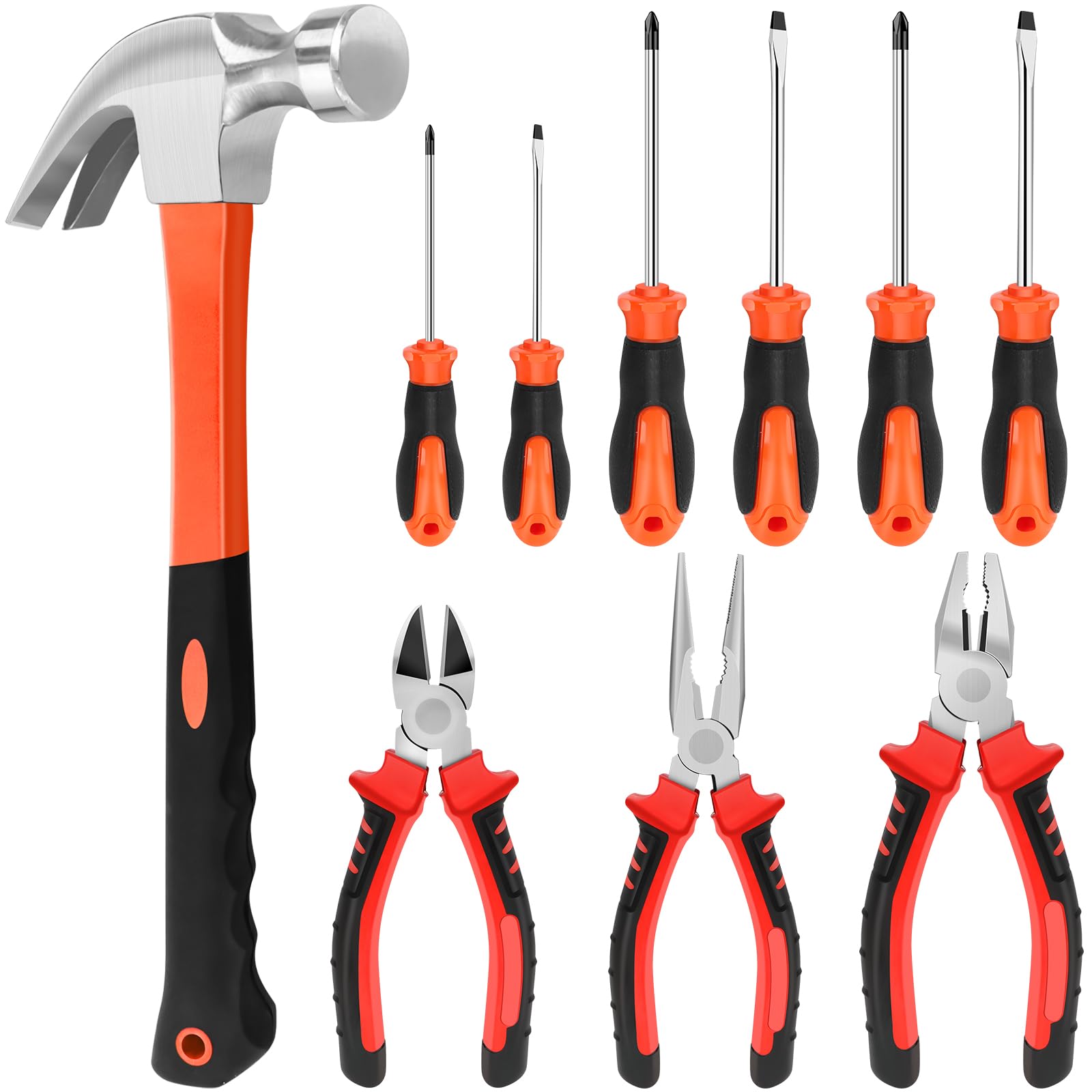 10-Piece Pliers & Screwdriver & Hammer Set, 3X 8-Inch Industrial Pliers (Wire/Needle Nose/Diagonal), 6X S2 Screwdrivers (Phillips/Flat), 1x Claw Hammer, Heavy-Duty Hand Tool Kit for DIY & Home Repair — image 1