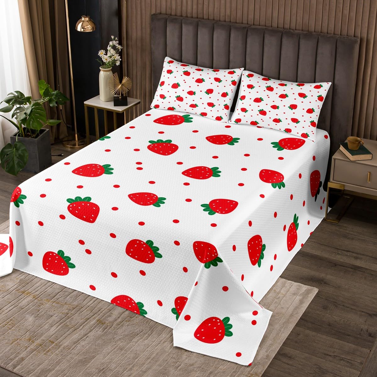 Cartoon Strawberry Bedspread Queen Size,Red Polka Dot Bedding Set 3Pcs for Kids Girls Woman Boys Room Decor,Sweet Fruits Comforter Set Cute White Soft Quilt Coverlet,2 Pillowcases