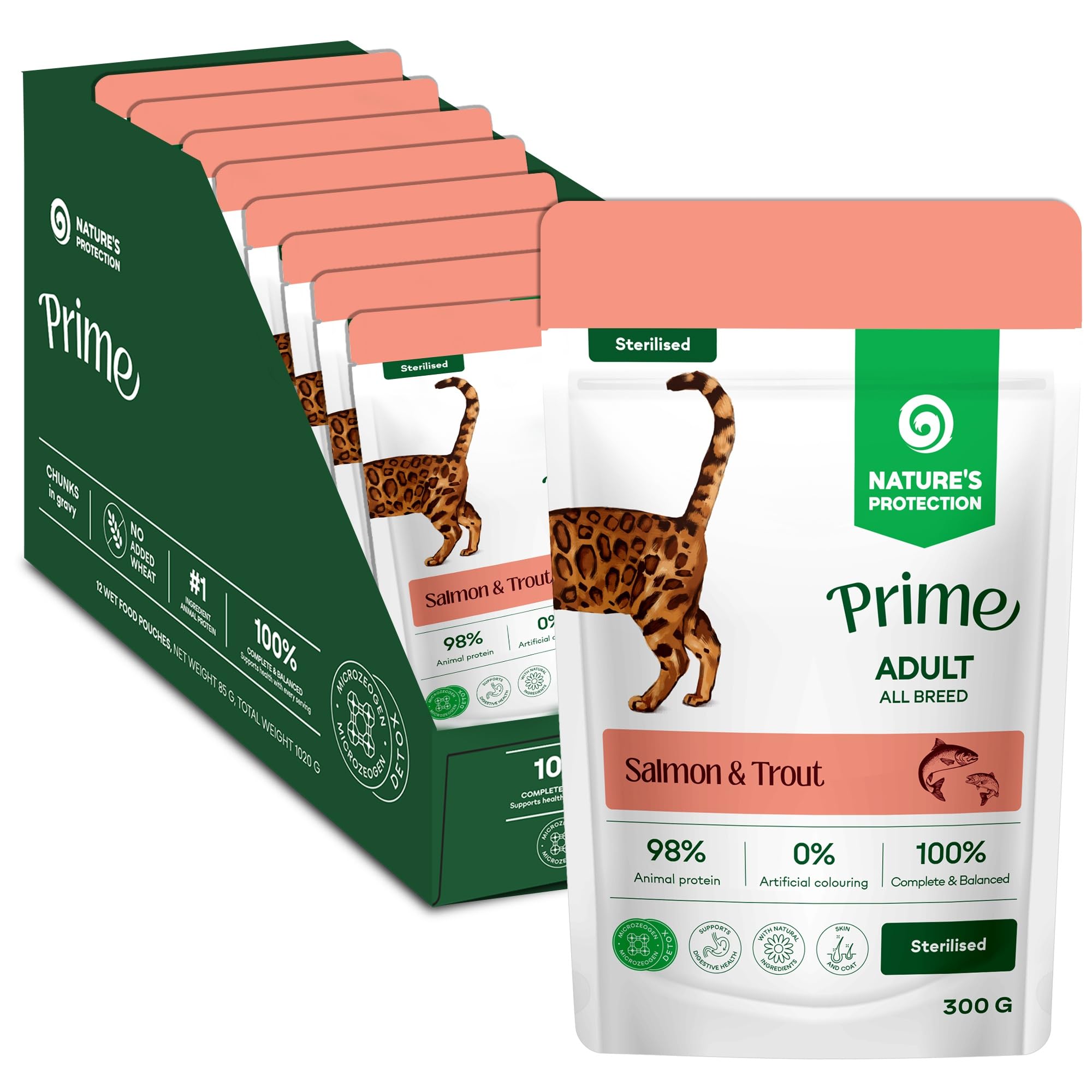 Nature’s Protection Prime Wet Cat Food Pouches for Sterilised Cats, Hypoallergenic Cat Food in Gravy with Salmon and Trout, Urinary Health Support, Mega Pack 8 x 300g — image 1