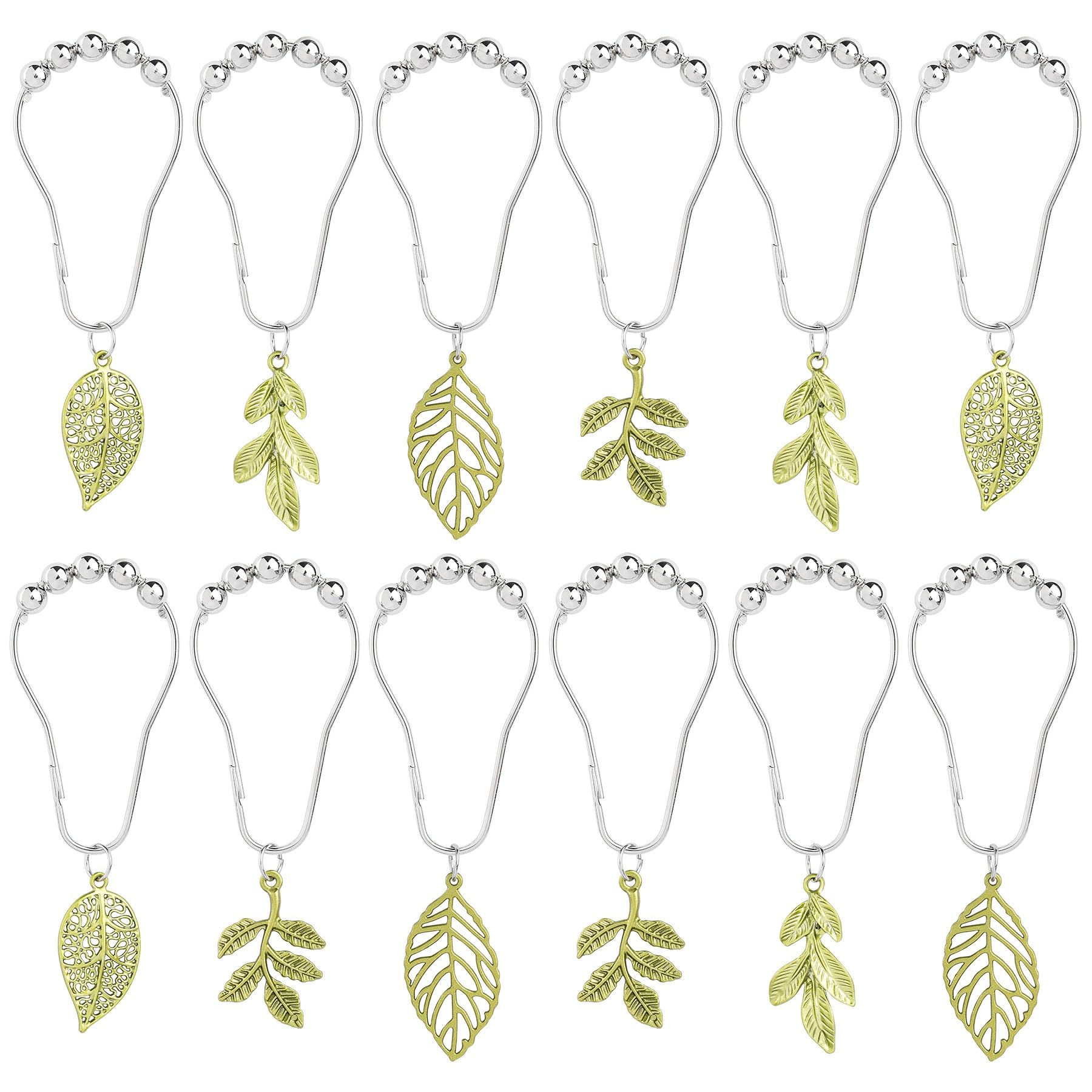 Framendino, 12 Pack Tree Leaf Shower Curtain Hooks Forest Green Rings Plants Metal Decorative Boho for Bathroom