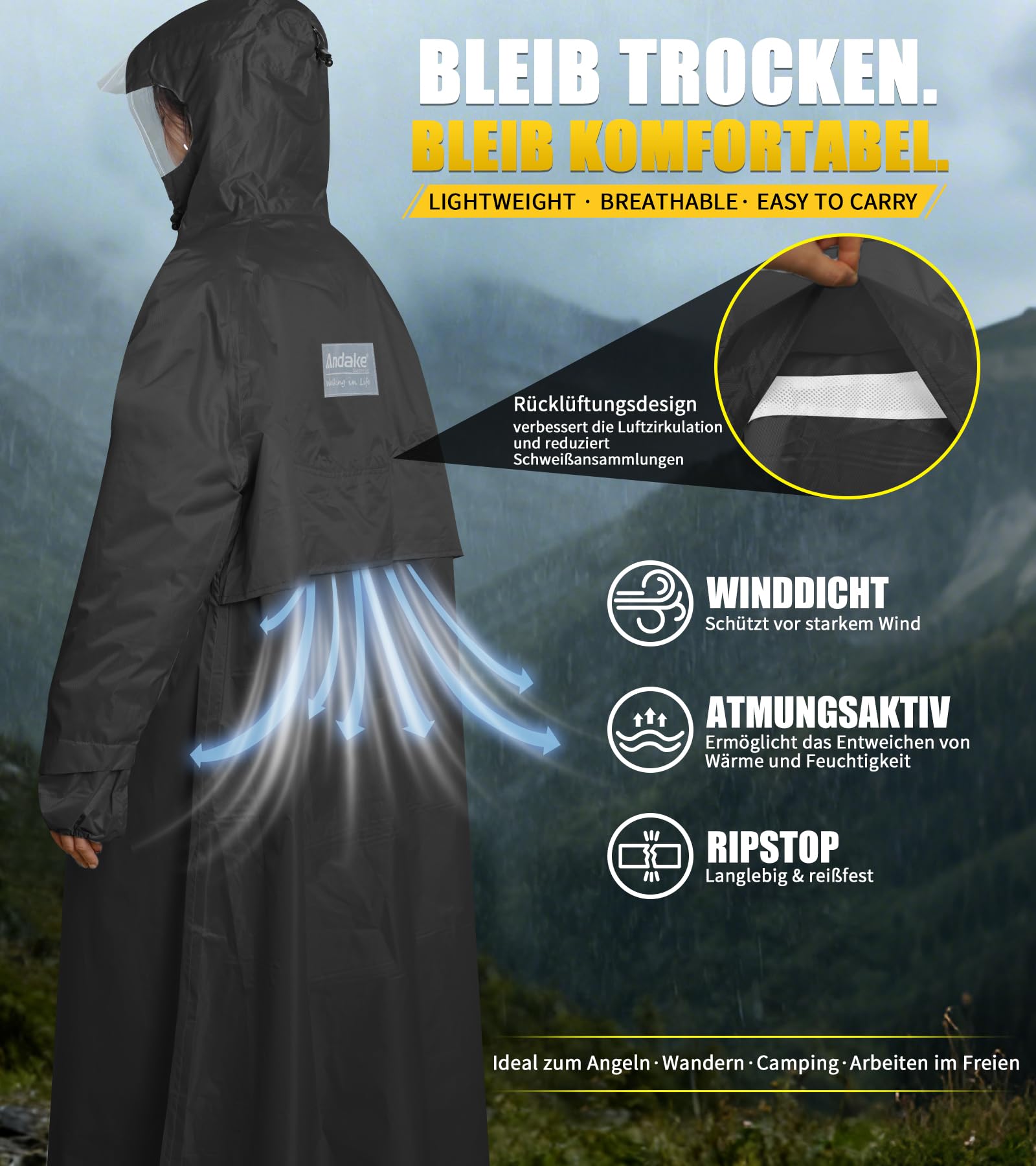 Andake Regenponcho Herren Damen Regenmantel Wasserdicht Regencape mit Ärmeln Wiederverwendbar Regen Poncho für Fahrrad Wandern