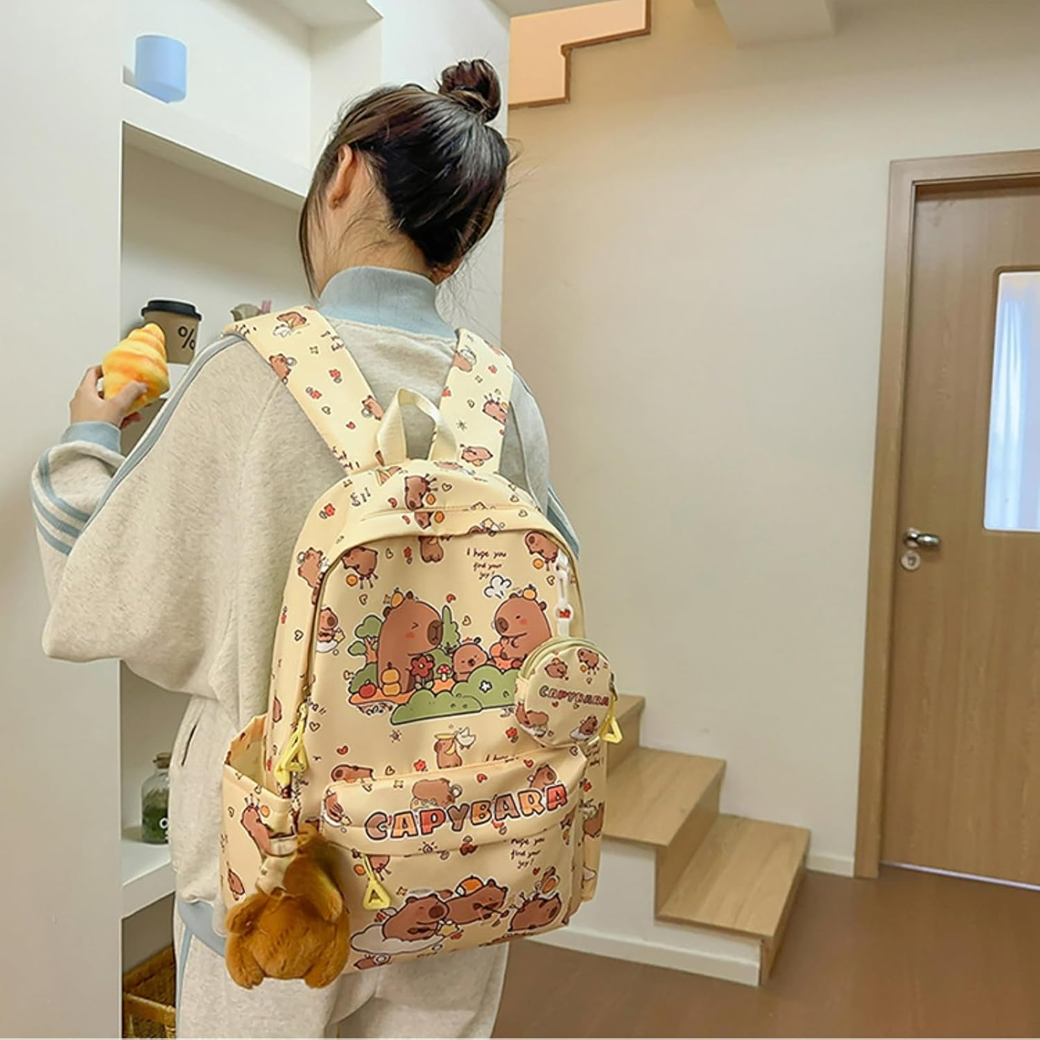 Capybara Fashionable Print Large Capacity Backpack with Pins, Accessories and Coin Purse for Adults Ita Bag (Yellow)