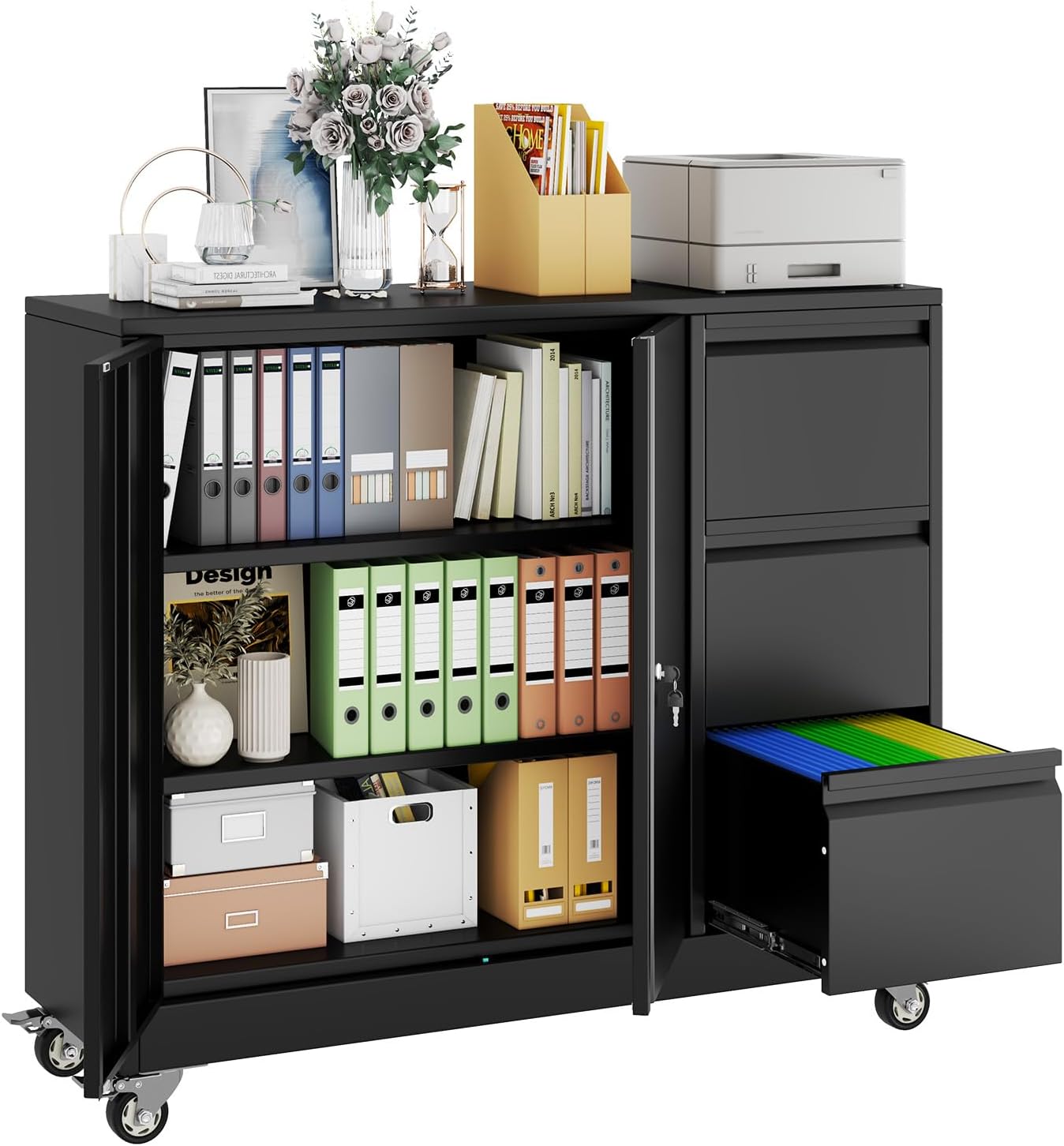 3 Drawer Lateral File Cabinet with Wheels, Metal Rolling Lockable Filing Cabinets with Lock, Mobile Multi-Functional Office Storage Cabinet for Office, Home, Garage, School, Gym (Black)