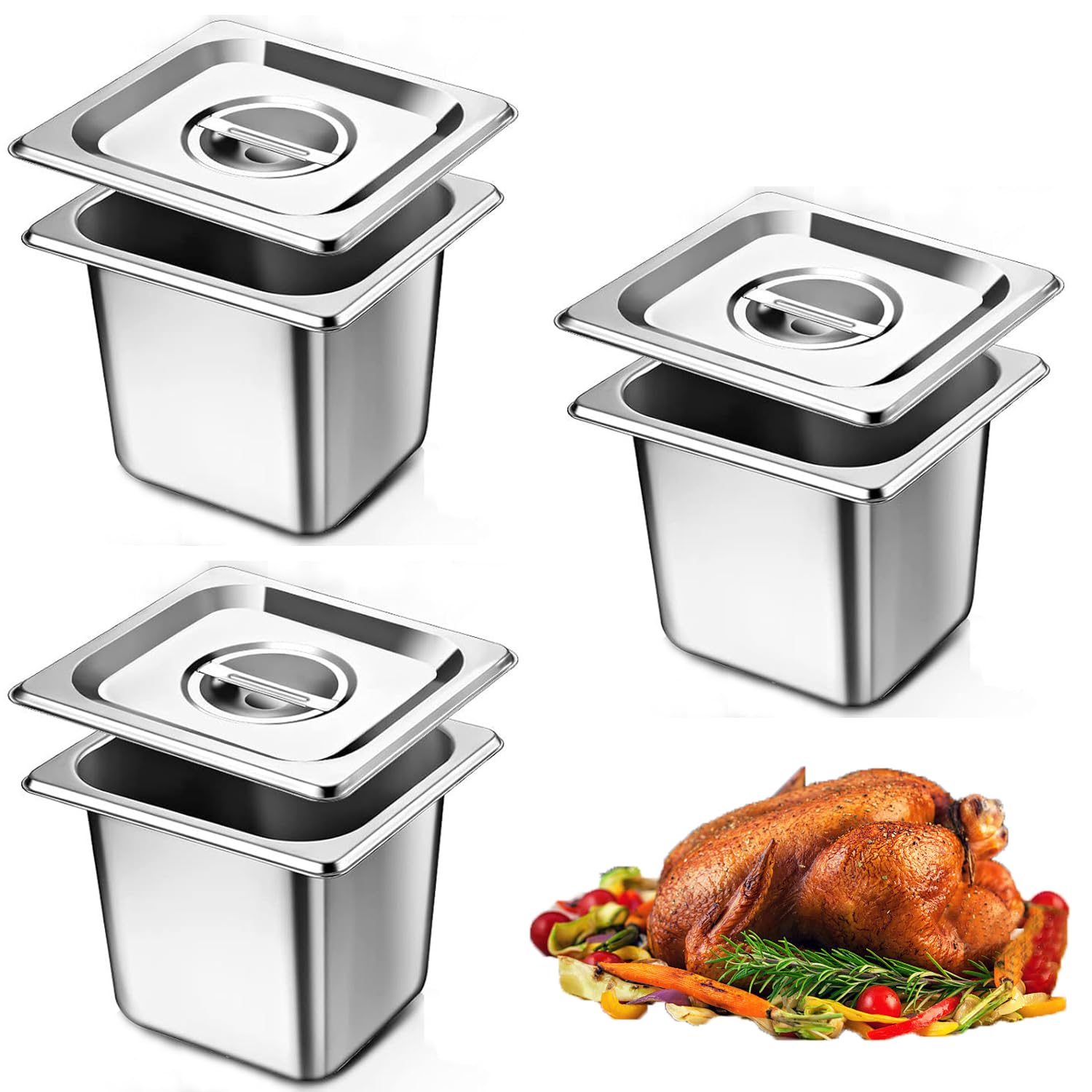 3 contenitori in acciaio inox 1/6 con coperchio, 150 mm di altezza, contenitore per alimenti in acciaio inox, resistente al calore, 17,5 x 16 x 15 cm