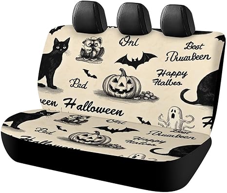 Soft Universal Fit Auto Dirt Proof Pet Car Seat Cover, Bench Seat Cushion Covers, Halloween Decorations Black Cat Bat Pumpkin Skull Party Pattern Fashion Car Back Seat Cover