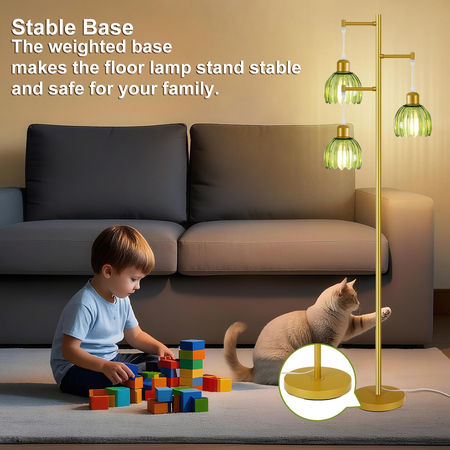 3 Light Flower Floor Lamps for Living Room,Modern Tree Floor Lamp with Foot Switch,Gold Floor Lamp with Glass Shade Vintage,Retro Standing Lamp Includes 3 Bulbs,Boho Tall Lamp for Bedroom Deco