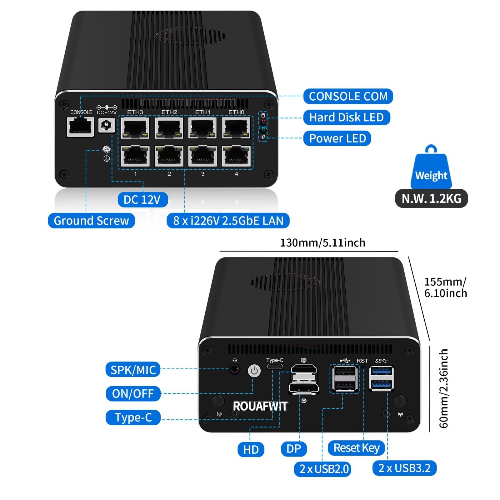 Micro Firewall Mini PC i5-1135G7, DDR4 0GB RAM 0GB SSD Router Appliance Computer, 8 x 2.5Gbe i226-V LAN, Console COM, Type-C, AES-NI