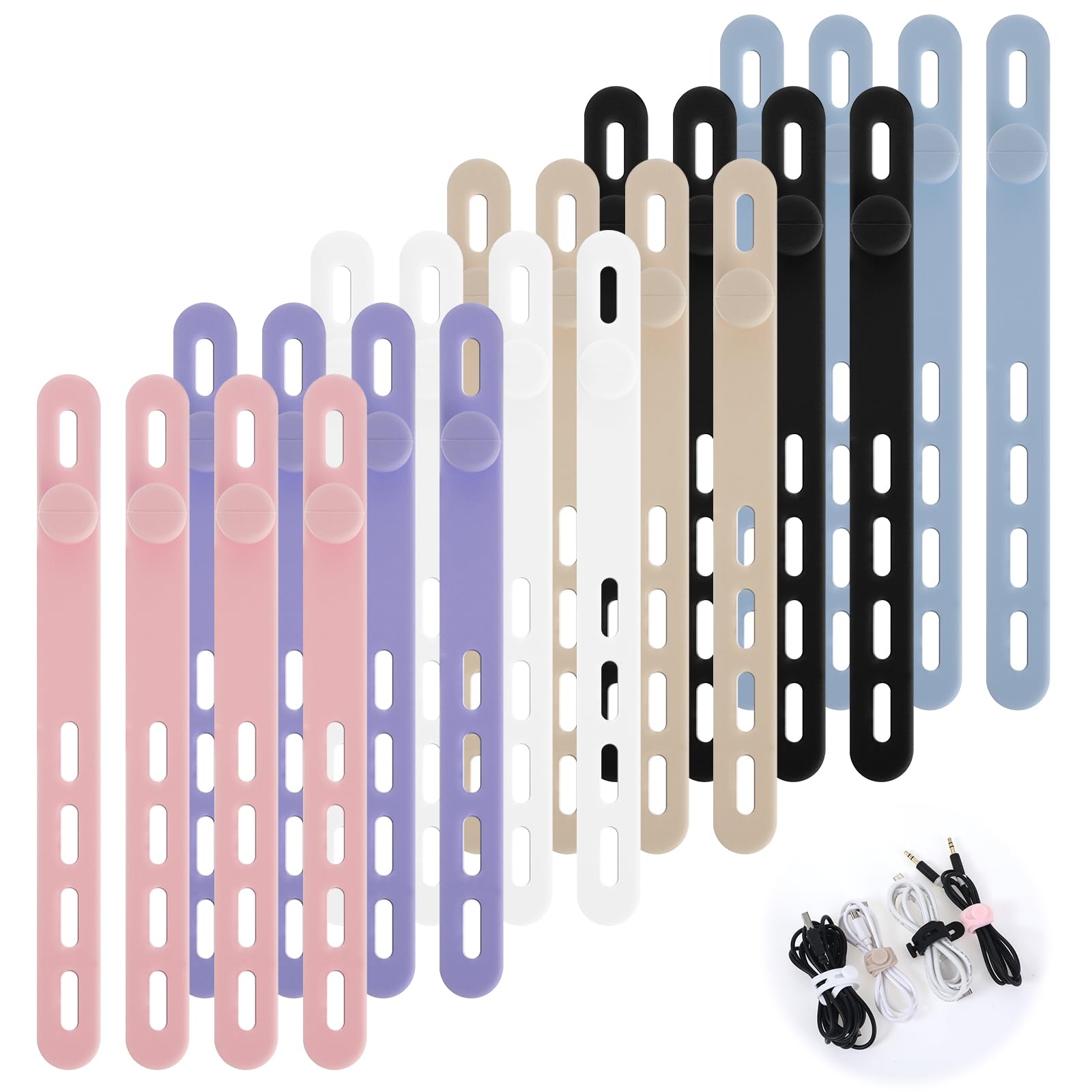 PEOVLVN 24Pcs Silicone Cable Ties, Reusable Cord Organizer Cable Straps Elastic Cord Ties Cable Management Organizer for Bundling and Fastening Earphone Phone Charger Cable Cords Wires etc