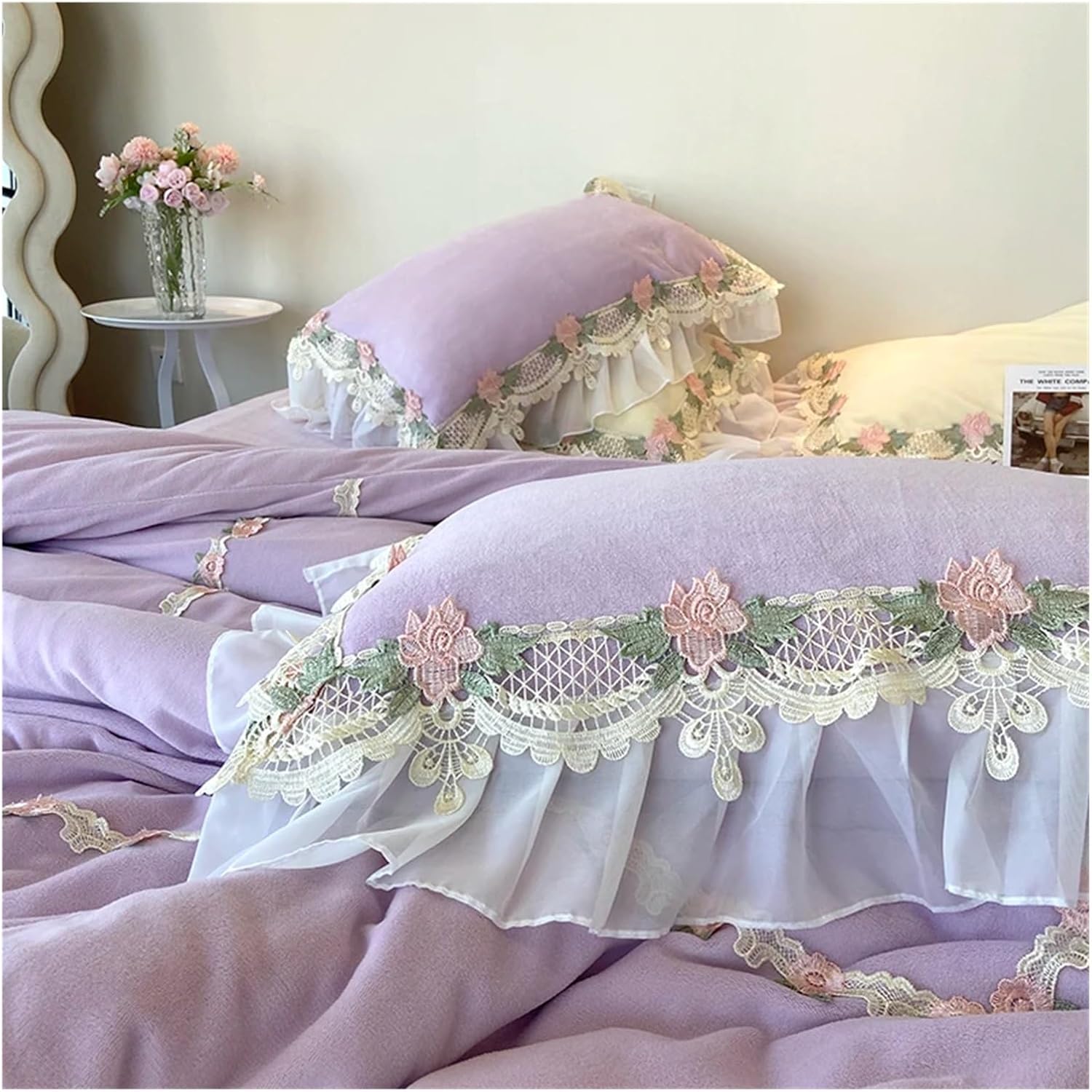 Romantic French Princess Weddding Bedding Set Fluffy Velvet Fleece Flowers Lace Ruffles Duvet Cover Set Bed Sheet Pillowcases Bed Four Pieces Set(E,Fitted Bed Sheet-Queen 4PCS)