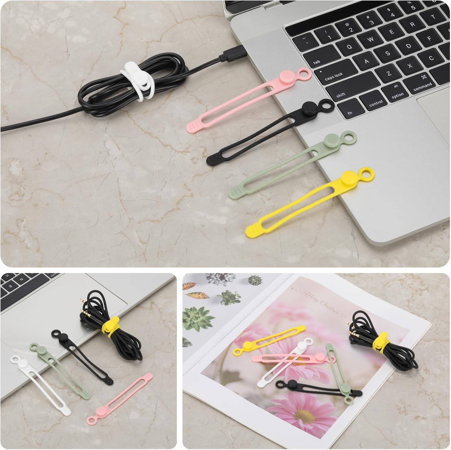 25Pcs Silicone Cable Ties - Reusable Multi-Purpose Elastic Ties for Bundling and Securing Cables (Yellow)