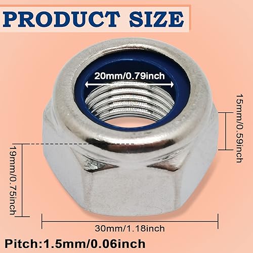 Miniatura 2 de 2 tuercas de bloqueo de nailon M20x1.0.197 in, tuercas hexagonales de rosca fina, kit surtido de tuercas de bloqueo de acero inoxidable 304,