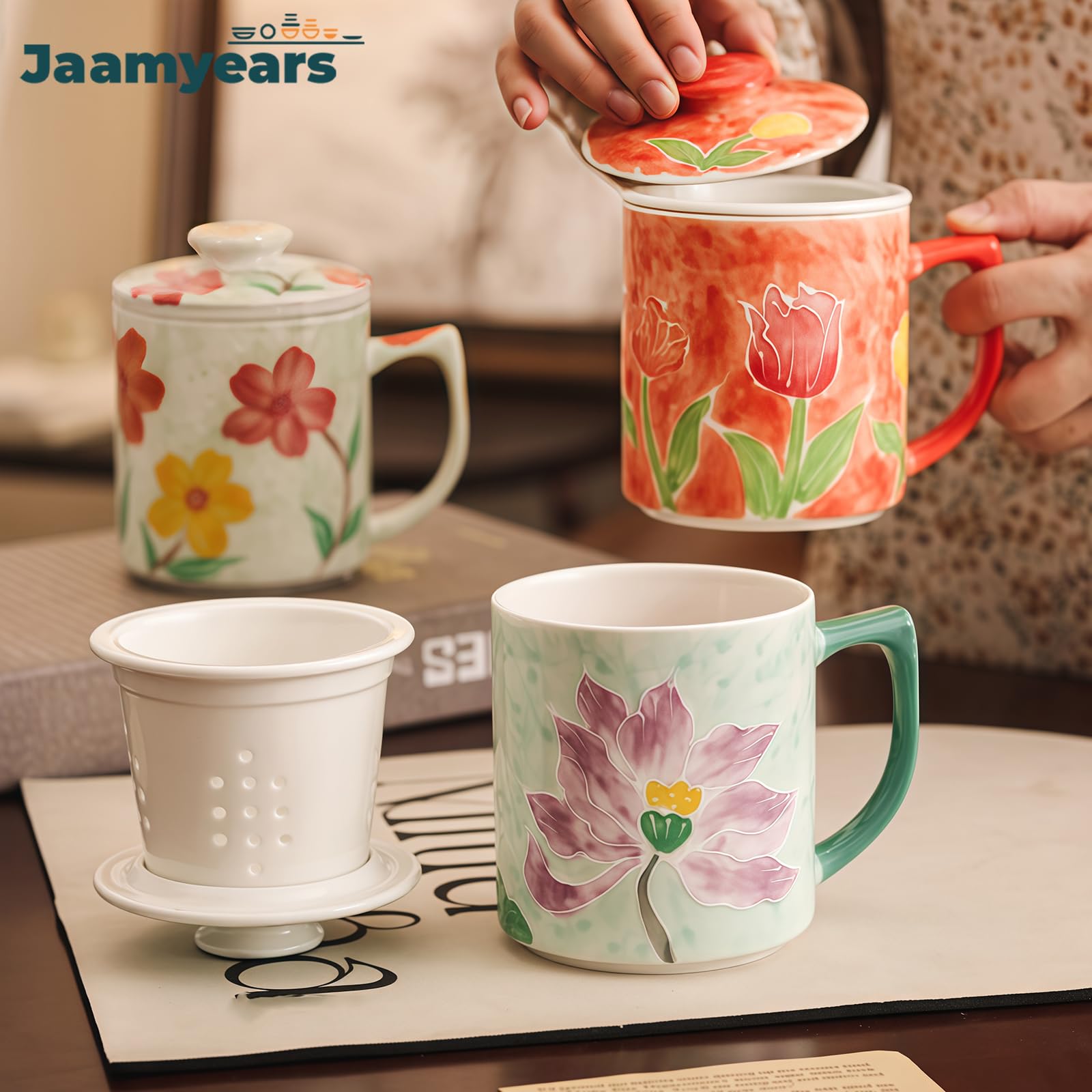 Taza de té con infusor y tapa, taza de té de cerámica de hojas sueltas, capacidad de 400 ml para entusiastas del café y el té