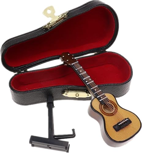 Miniatura 5 de Dselvgvu Ukelele miniatura de madera con soporte y estuche, mini réplica de ukelele, mini instrumento musical, modelo coleccionable de casa de