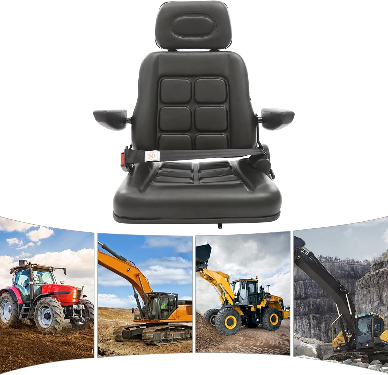 Universal Forklift Seat, Universal Tractor Seat with Adjustable Backrest Headrest Armrests, Lawn Mower Seat with Seatbelt for Tractor Excavator, Forklift, Skid Loader, Backhoe (Black)