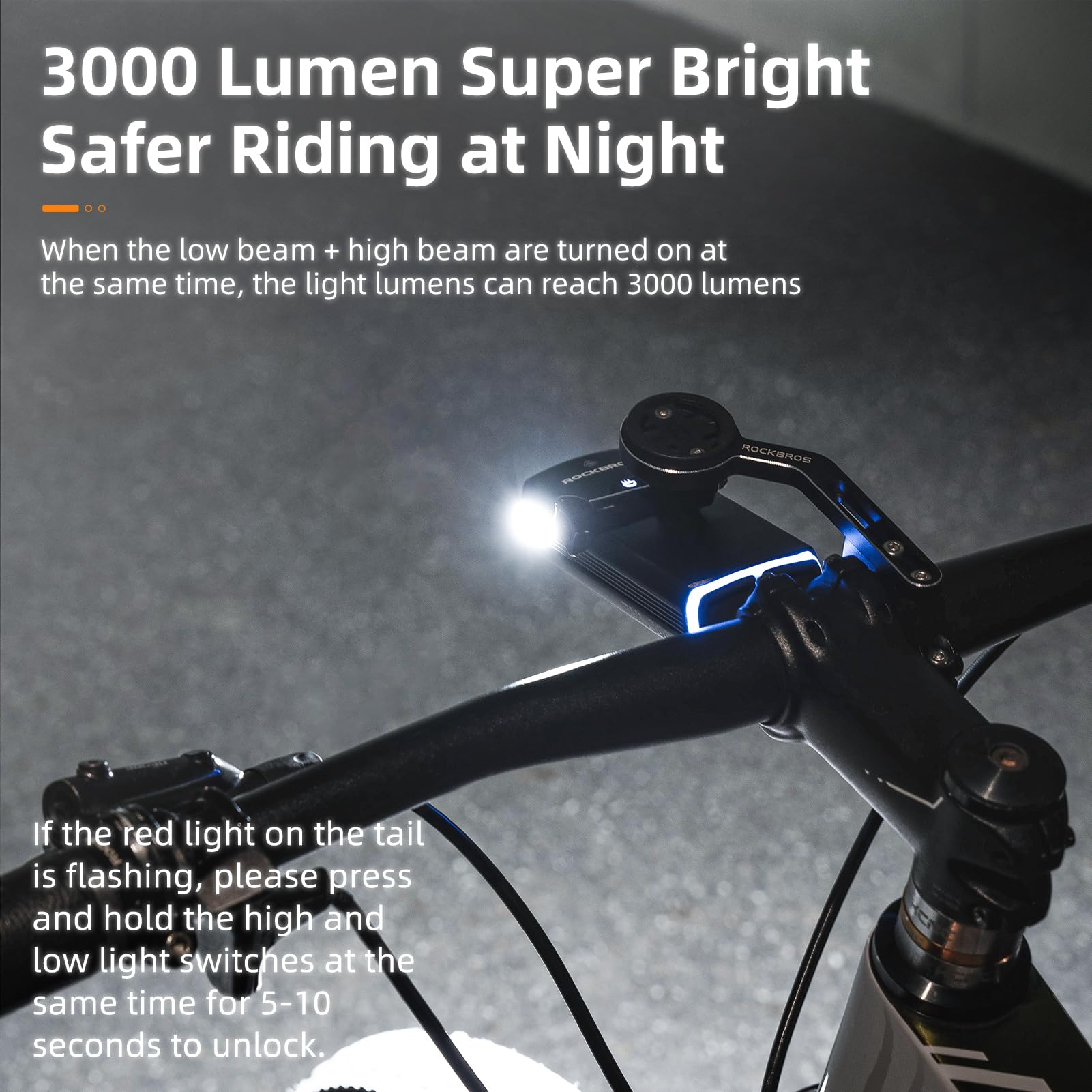 ROCKBROS Phares de vélo rechargeables USB-C 10 000 mAh pour conduite de nuit - 3000 lumens - Plus de 24 heures d'autonomie - Phare de vélo étanche IPX6