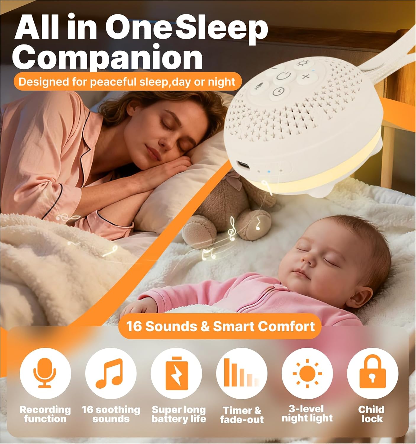 Hmusic Portable White Noise Machine with Voice Recording - 16 Soothing Sounds Sleep Machine, 20-60H Battery, 3-Level Night Light | 3 Timers Sleep Aid for Adults & Babies