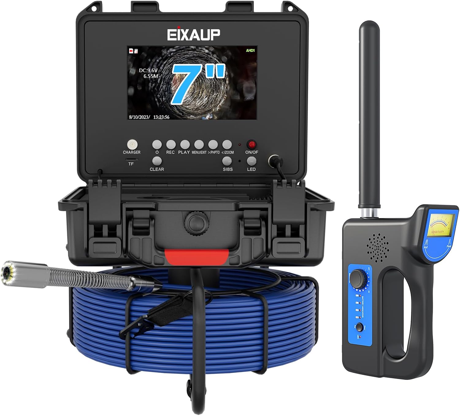 Sewer Camera Self Leveling with 512Hz Locator,100 ft/30 m, 7" IPS 1080P Monitor, Distance Counter, 12 Adjustable Lights, IP68 Pipe Inspection Camera with DVR and 32GB Card