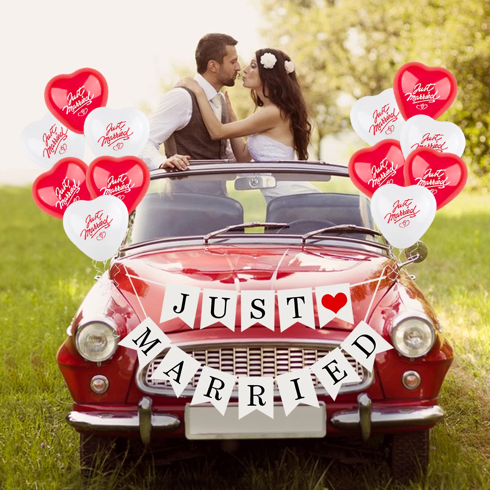 12 Just Married Ballons Cœur Et Bannière Banderole Mariage