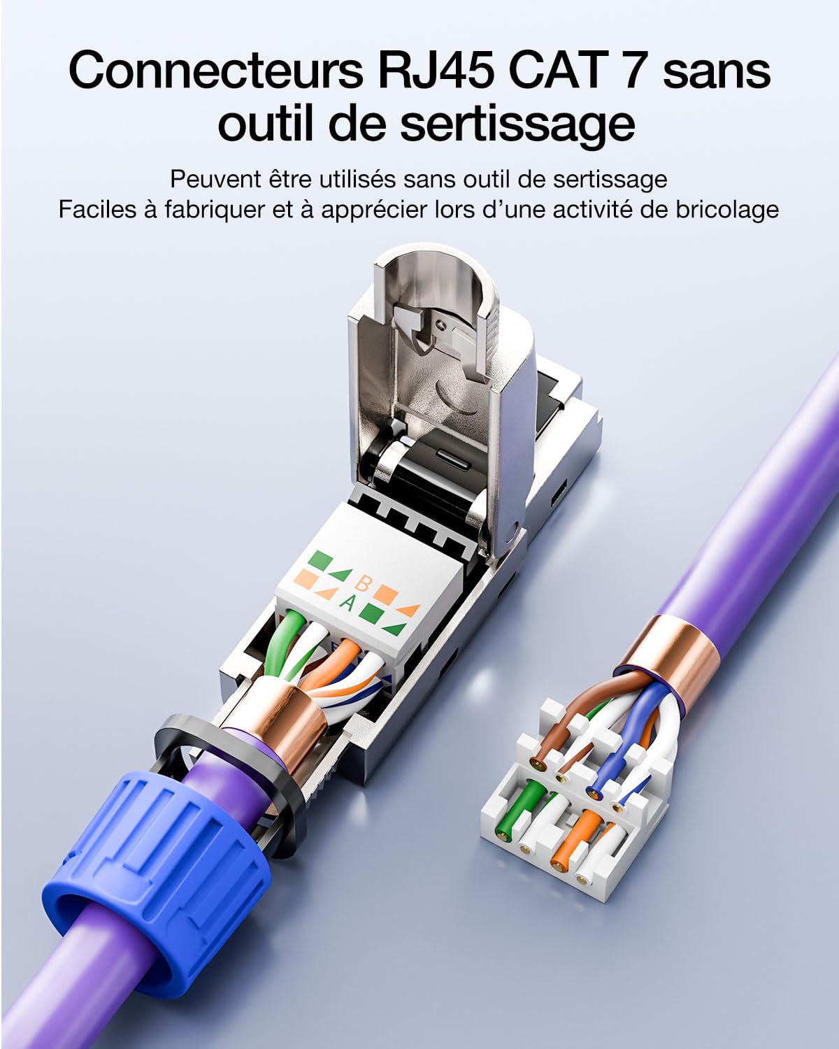 VCELINK Connecteur RJ45 Sans Outil, Fiche Cat 7 Plaqué or Sans Outil, Connecteur RJ45 blindé pour câble Ethernet Cat6A/Cat7 en lot de 8