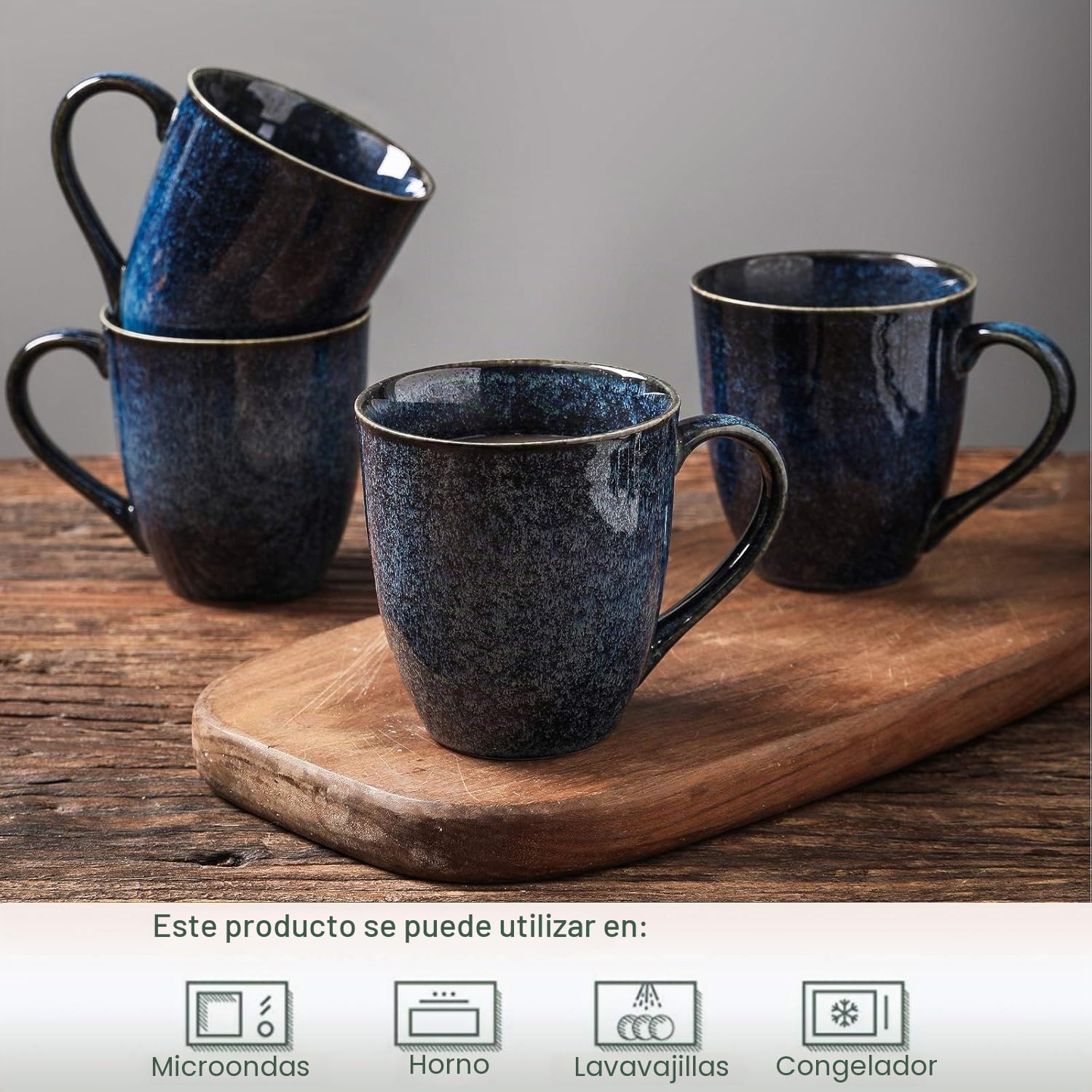VICRAYS Juego de 6 tazas de café de cerámica, juego de 6 unidades, 350 ml, juego de taza de café, taza de café, taza de porcelana para bebidas calientes, té de café y cacao (azul)
