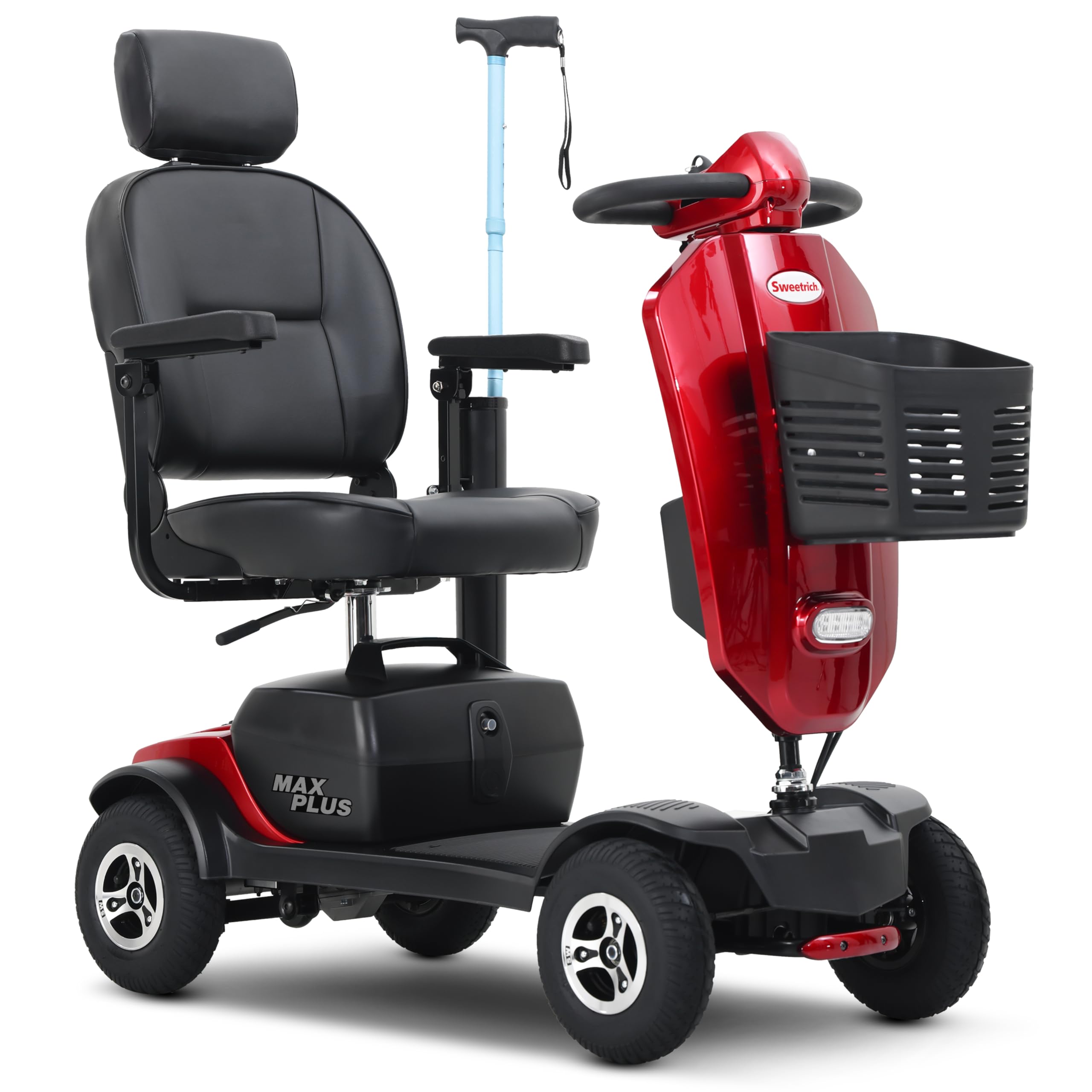 Scooter eléctrico plegable para personas mayores y mayores, parabrisas + asiento giratorio de 360°, motor de 300 W, alcance de 25 km, 2 portavasos + USB (rojo)