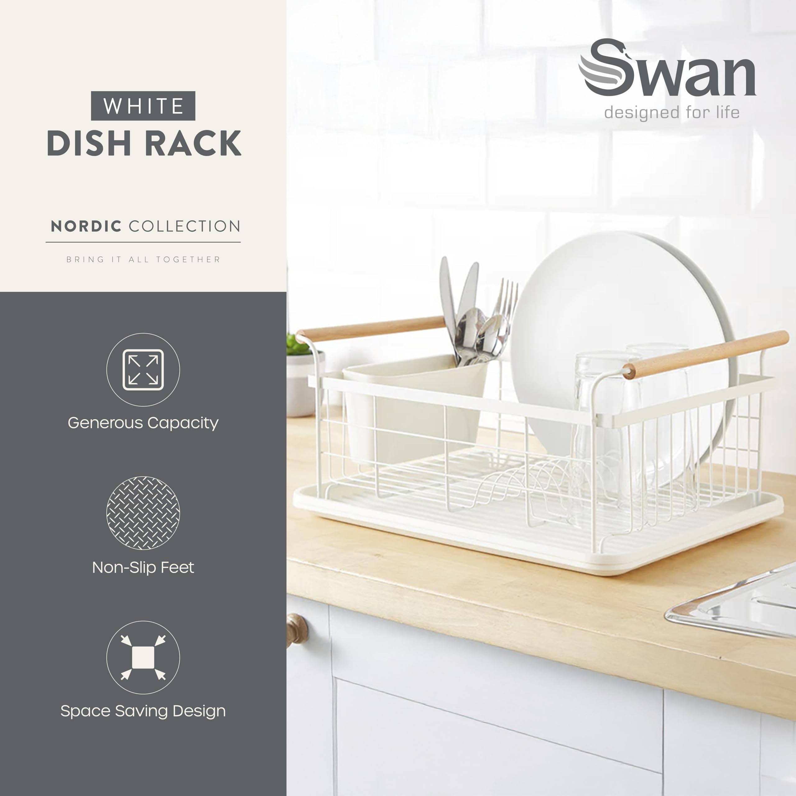 Swan SWKA5062WHTN Nordic Geschirrkorb mit abnehmbarem Besteckhalter, Abtropfschale, Anti-Rutsch-Füße, Weiß