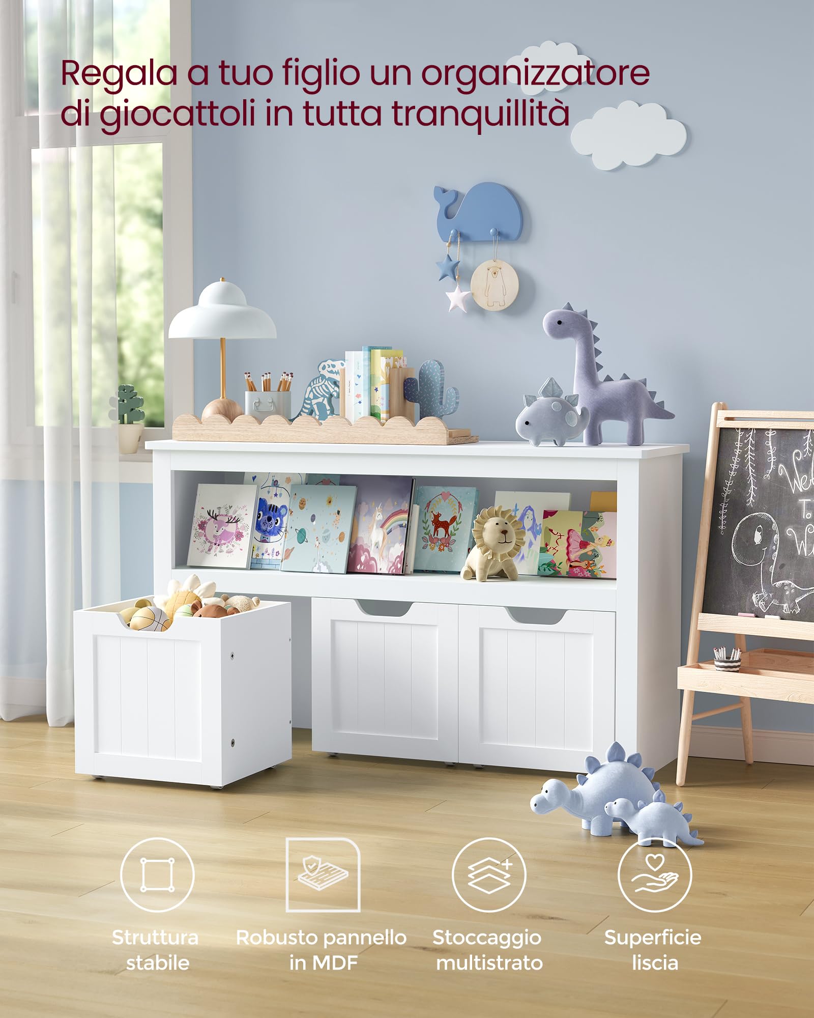 VASAGLE Scaffale per Bambini, Porta Giochi per Bambini, Multiuso, 3 Contenitori con Ruote, Porta Giocattoli, per Soggiorno Cameretta, 30 x 102 x 60 cm, Bianco Nuvola LHS380W01
