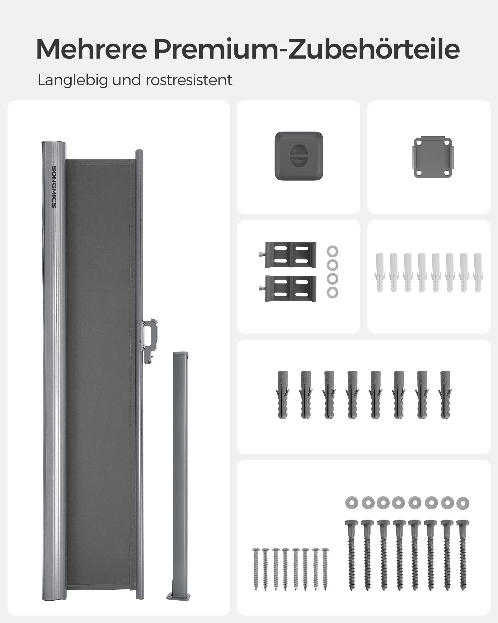 SONGMICS Alu-Seitenmarkise, ausziehbar, 200 x 400 cm, Blickdicht, Sonnenschutz, blickdicht, Seitenrollo, für Balkon, Terrasse, Garten, anthrazit GSA204G01