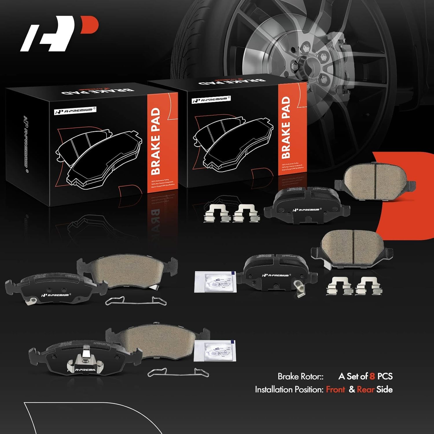 A-Premium Front and Rear Ceramic Brake Pads Set Compatible with Fiat 500 2012-2019, 8-Pack