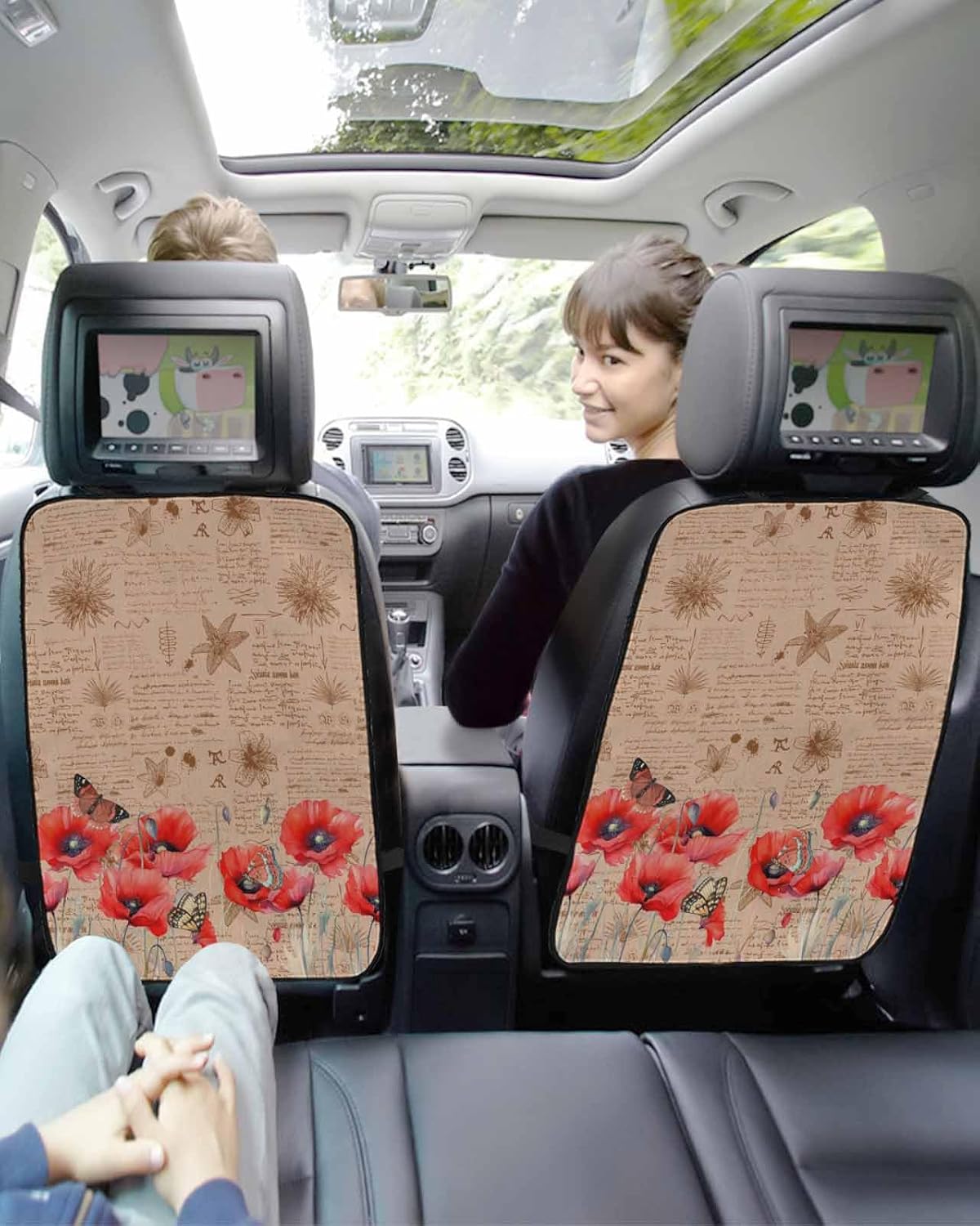T&H XHome Car Seat Protector, 2 Pack Kick Mats with Organizer - 3 Pocket Storage, Retro Red Poppy Plant Flower Butterfly Pattern Back Seat Cover for Kids Universal Fit Automotive Interior Protectors