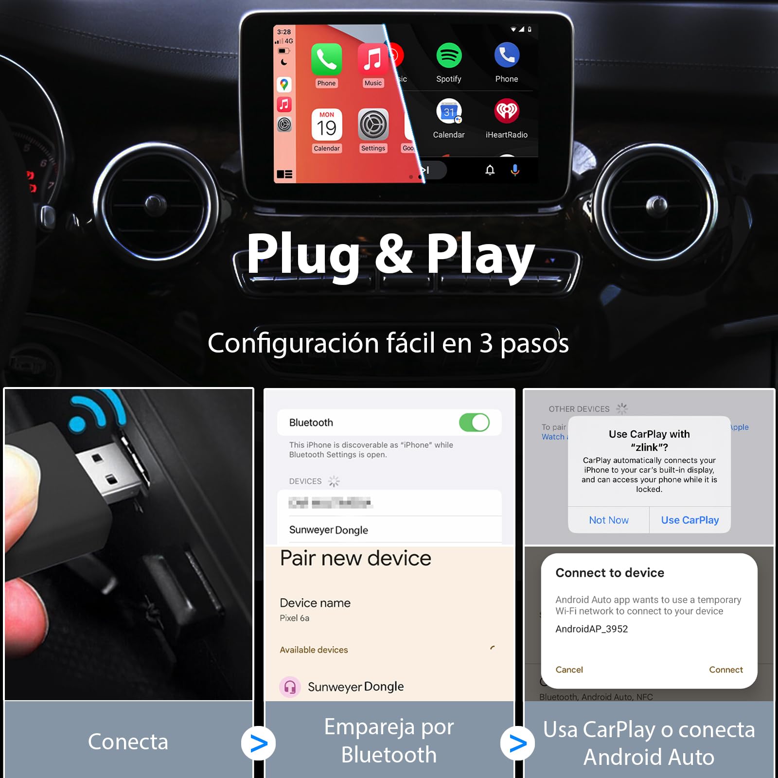 Sunweyer neuester Adaptador Inalámbrico CarPlay & Android Auto 2 IN 1 Dongle,Auto-Conexión,Puerto USB-A, unterstützt Online-Updates, Kabel zu Wireless Adapter (Regular)