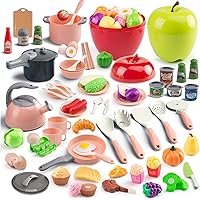 Vista 19 de Juego de cocina de 80 piezas, cocina para niños pequeños con ollas, sartenes, utensilios de cocina, alimentos, manta de picnic, frutas, verduras