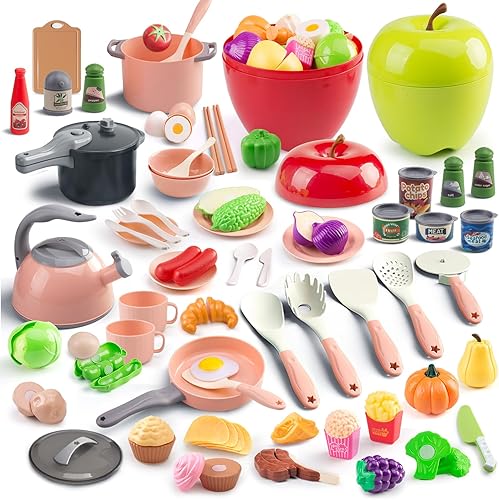 Vista 19 de 80 piezas de juego de cocina, juego de cocina de imitación para niños pequeños con ollas, sartenes, utensilios de cocina, alimentos, manta de Azul